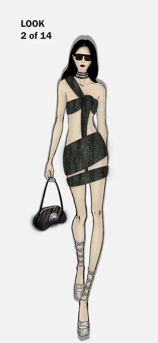 Chunky acetate square sunglasses, stacked patent leather choker, iridescent beaded chiffon wrapped knotted asymmetric mini dress, lambskin bag with patent leather strap and metal snake logo detail, metallicized leather strappy platforms