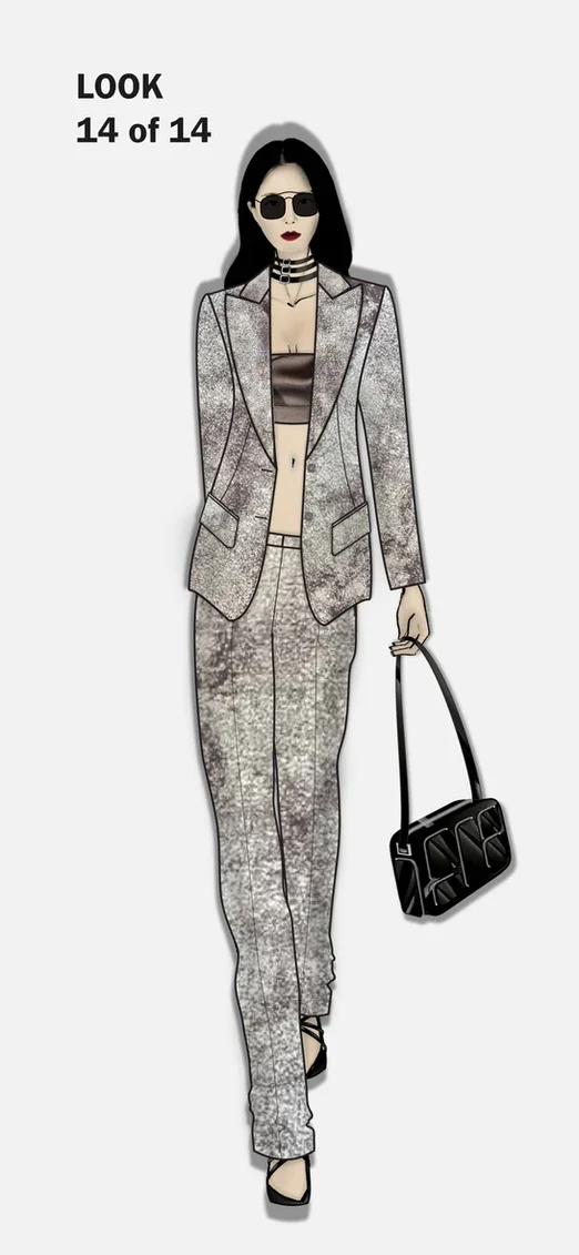 Top-bar detail sunglasses, stacked patent leather choker, metallicized leather tailored jacket with wide peak lapels, silk tube top with folded and layered detail, metallicized leather tailored pants with low rise and slim leg, patent leather bag wit