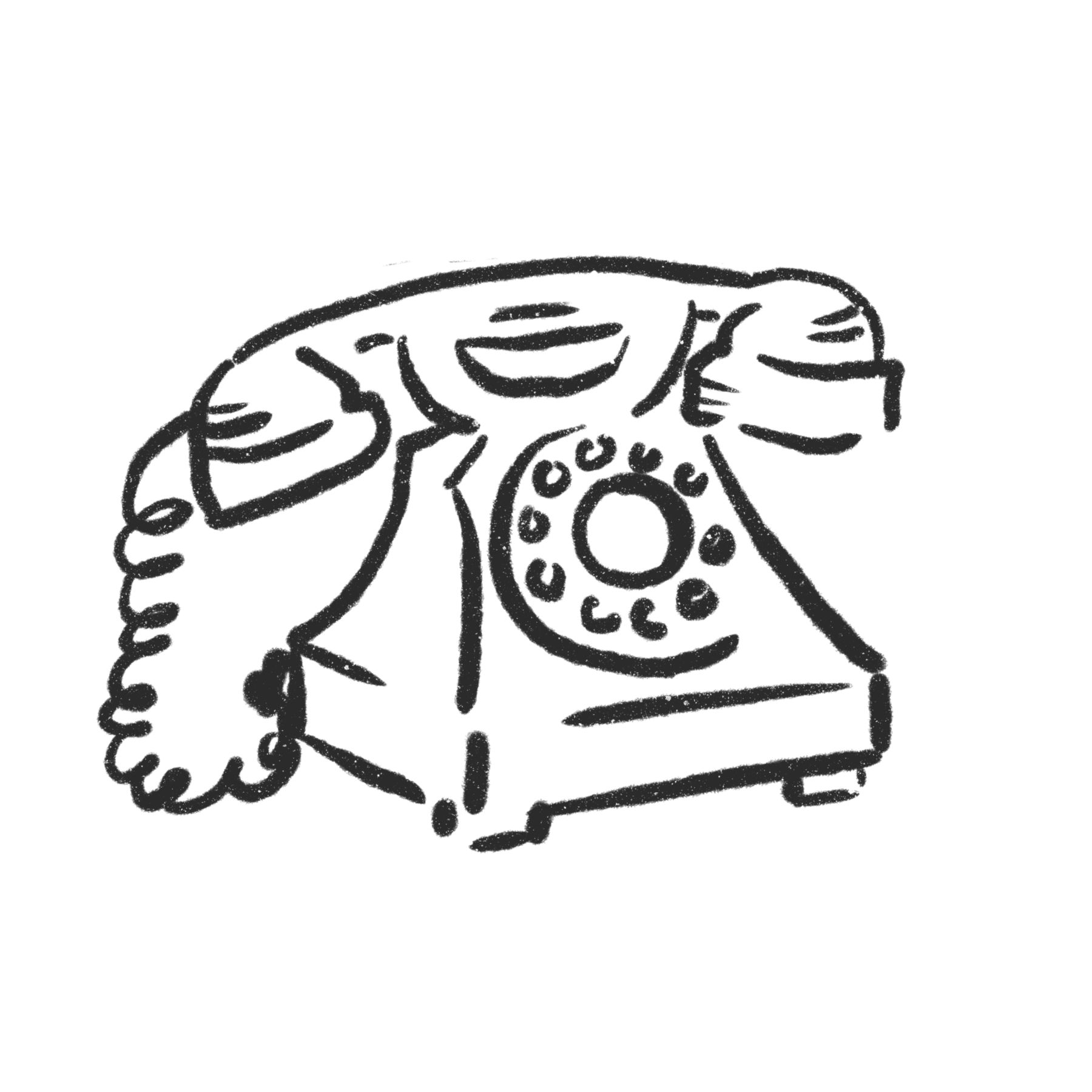 A black and white line drawing of a vintage telephone resting on an open book.