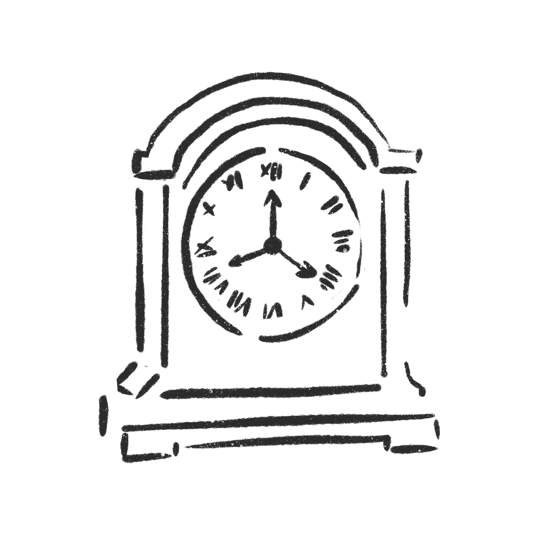 Illustration of a grandfather clock with Roman numerals on the clock face, two weights hanging from chains, and a pendulum in the center.