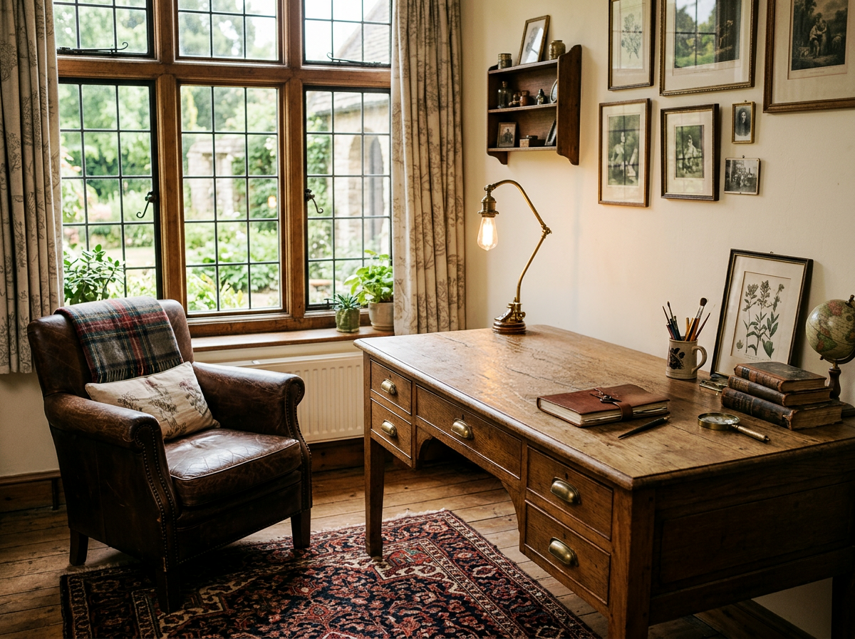 A cozy home office with a large window overlooking a garden. There is a wooden desk with brass handles, a vintage desk lamp, and various decor items including framed artwork, books, and a globe. An armchair with a plaid blanket and pillow is positioned near the window, with curtains partially drawn back. The room has a wooden floor and a patterned rug.