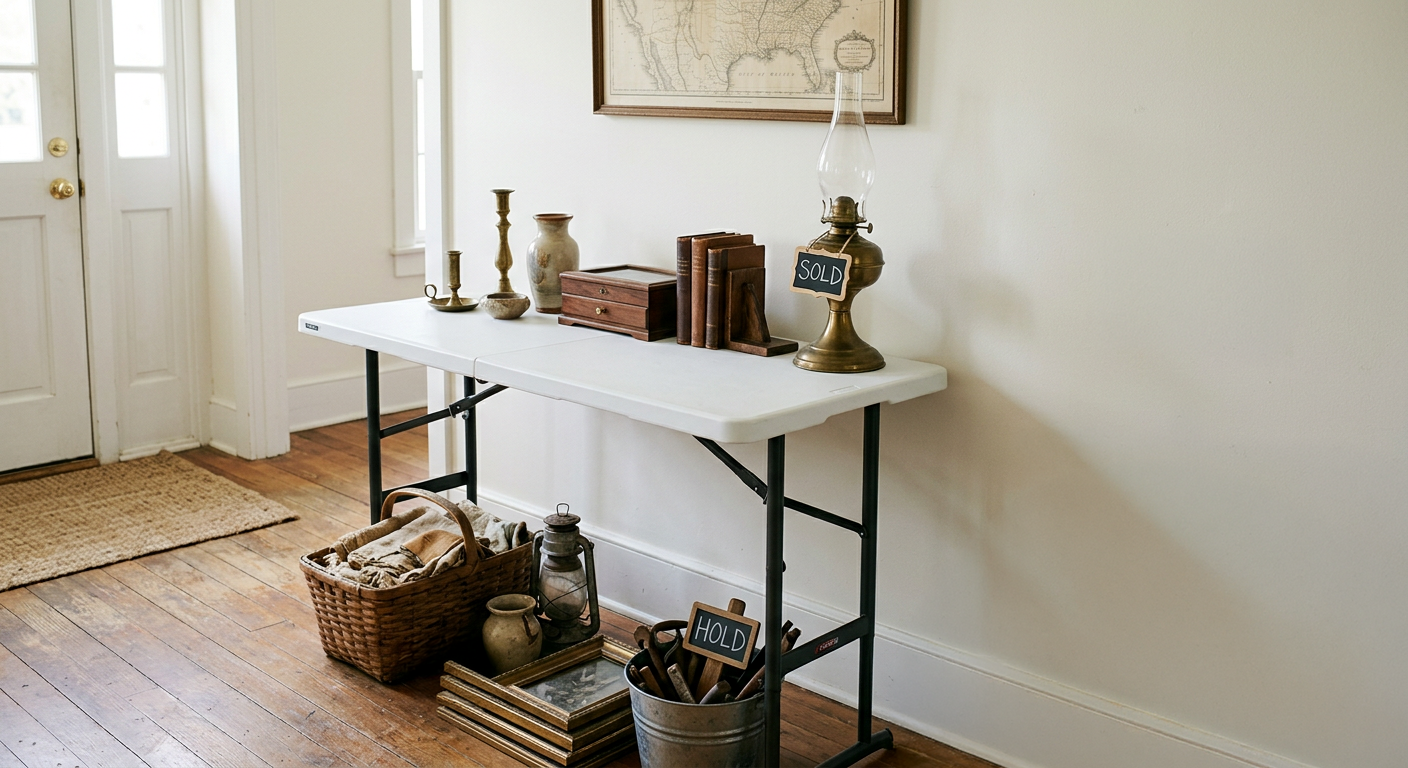 A table with vintage items like candlesticks, vases, a wooden box, and a lamp with a