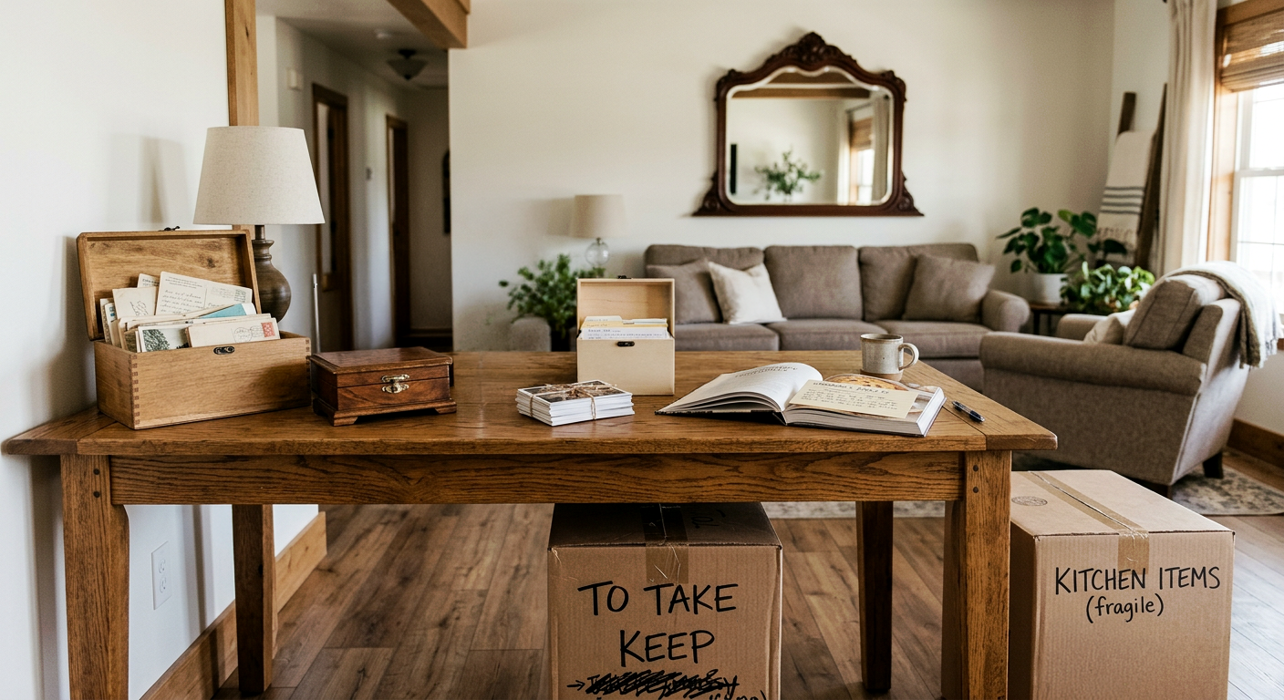Living room with wooden dining table holding books, a box, and a mug, with a beige sofa, armchair, and mirror in the background.