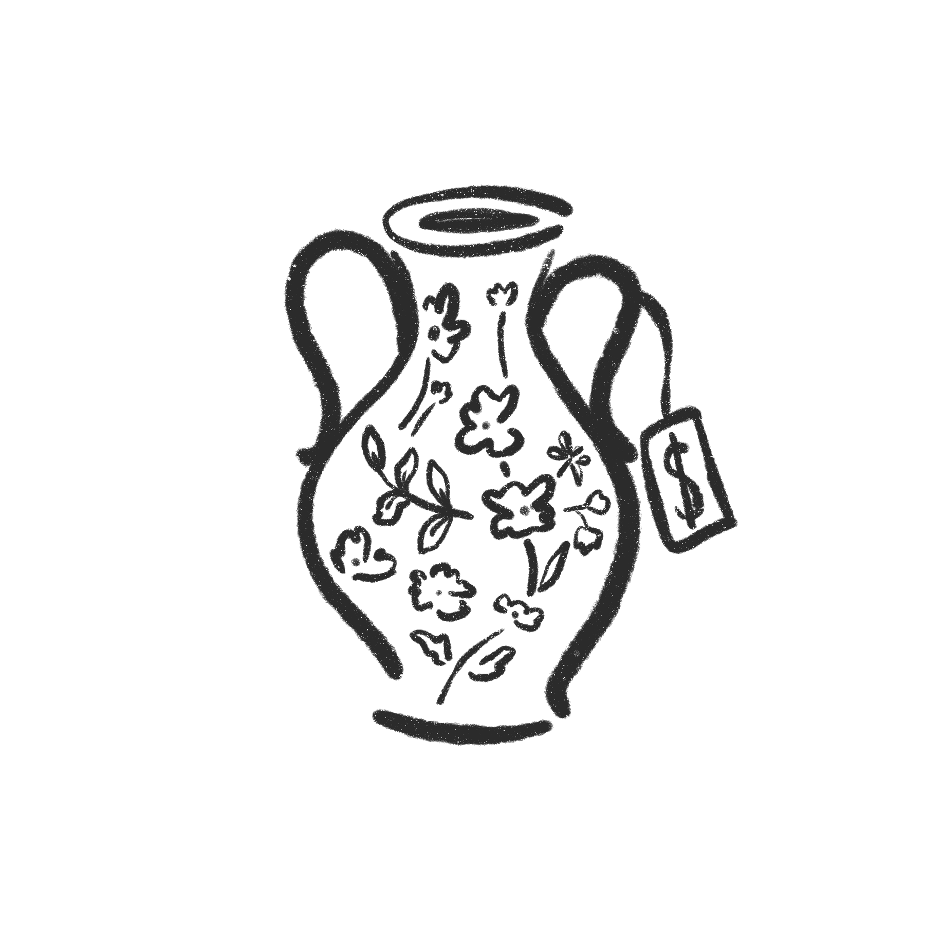 A hand-drawn illustration of a wine glass with floral and leaf patterns inside it, with a halo above the glass.