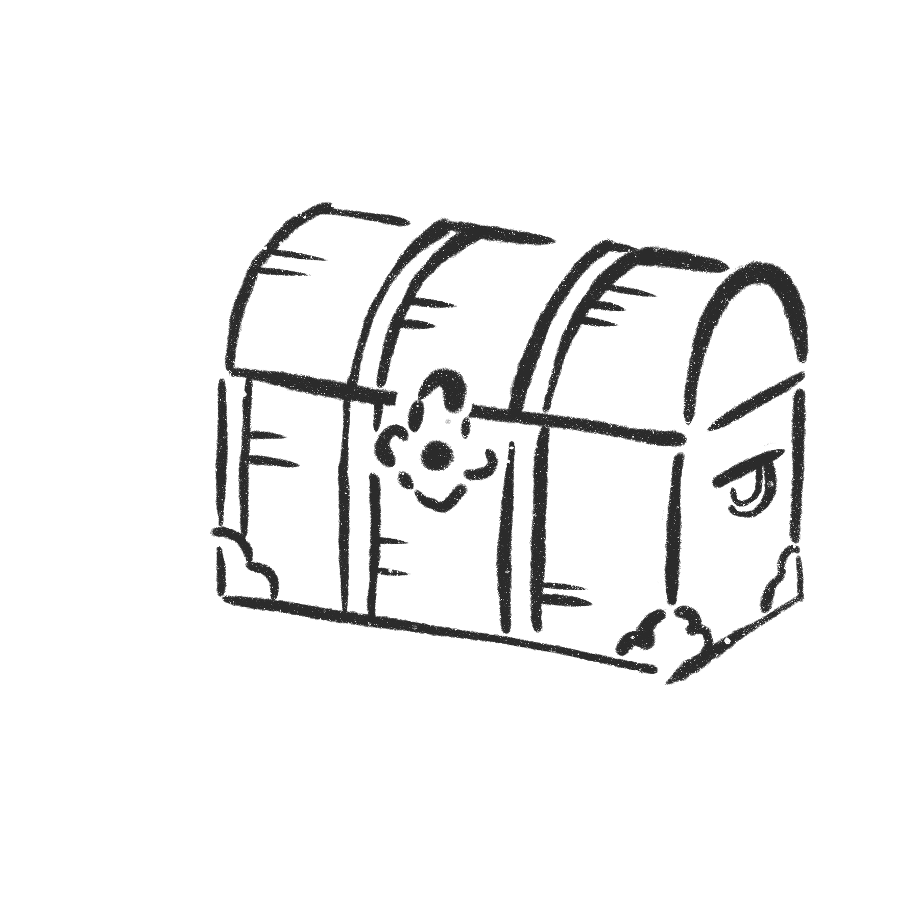 Line drawing of an open treasure chest filled with coins and jewelry.