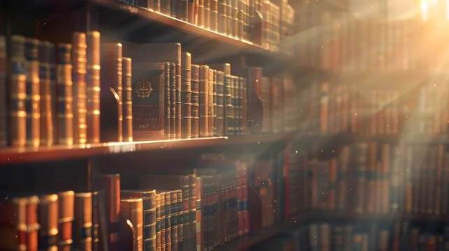 Bookshelves filled with books in a library illuminated by sunlight.
