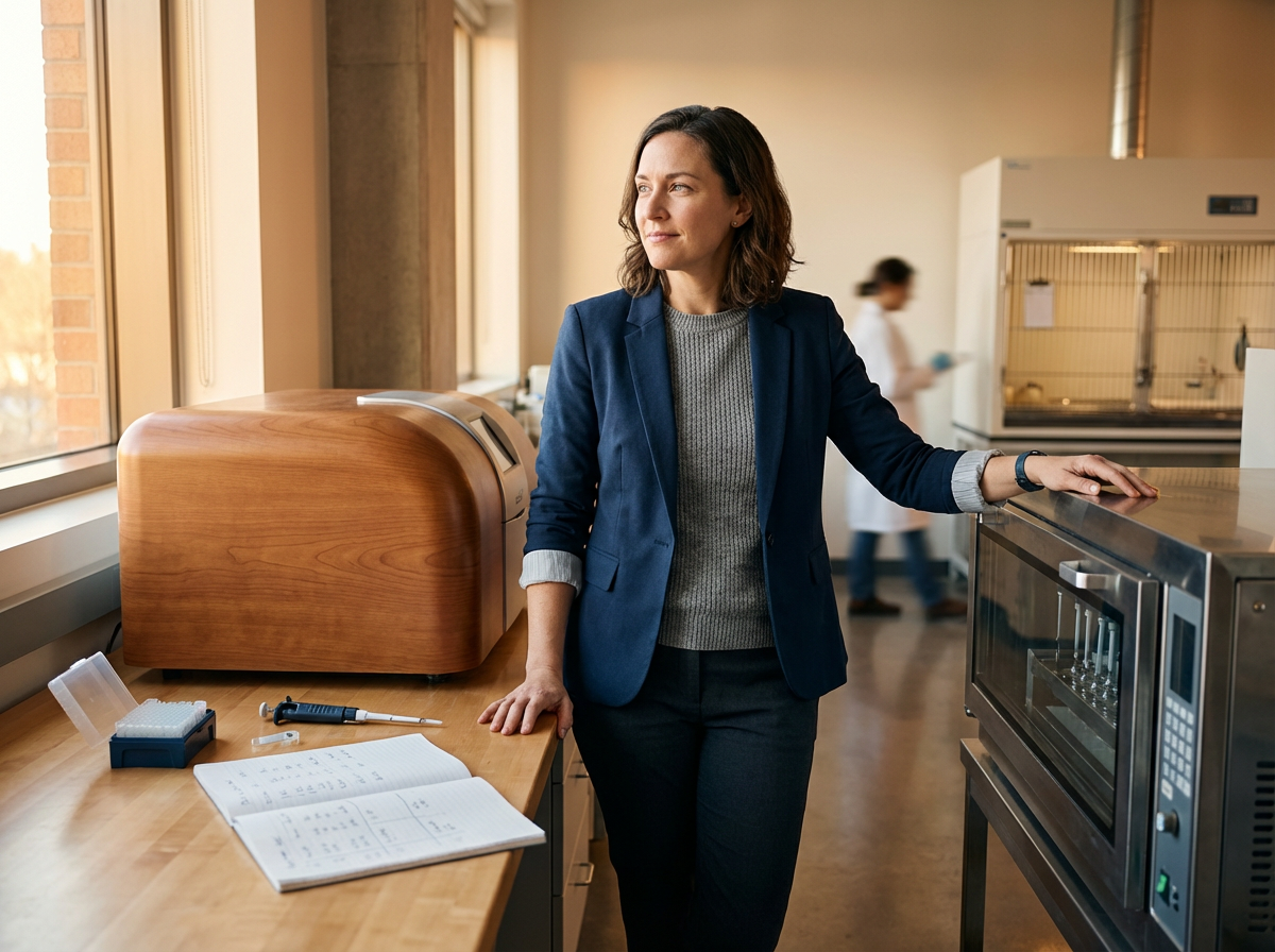 A woman in a gray sweater and blue blazer stands in a laboratory, looking pensively out the window with her hand on a stainless steel countertop, while a researcher in a lab coat works in the background.