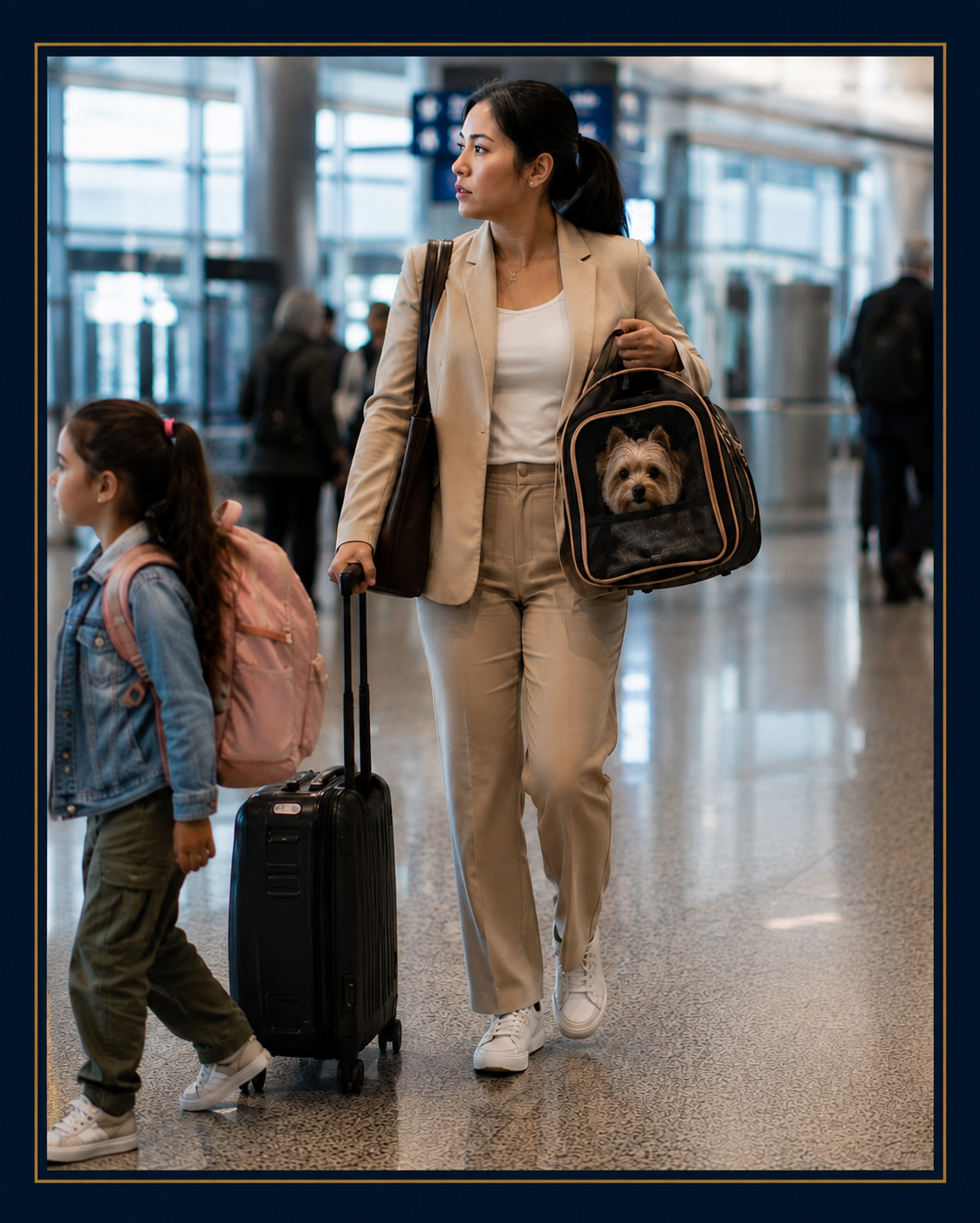 A woman walking through an airport with her dog in a travel carrier, pulling a suitcase, and holding a shoulder bag. A young girl with a pink backpack walks beside her.