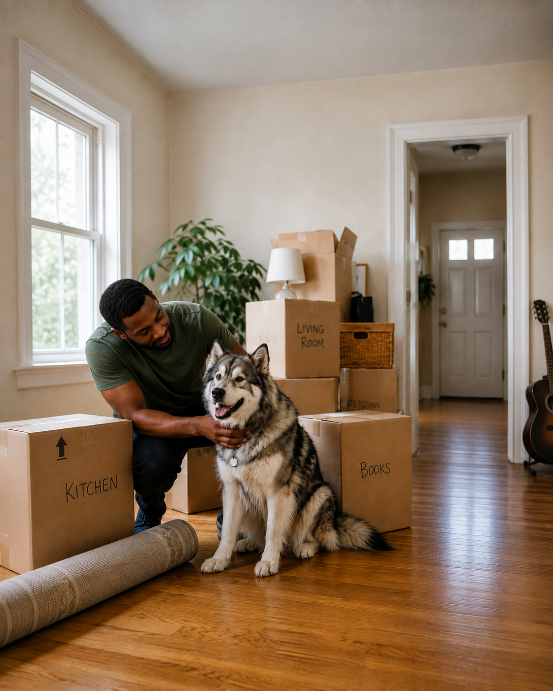 A man and a Siberian Husky dog in a living room with moving boxes labeled 'kitchen,' 'books,' and 'living room,' and a guitar against the wall.