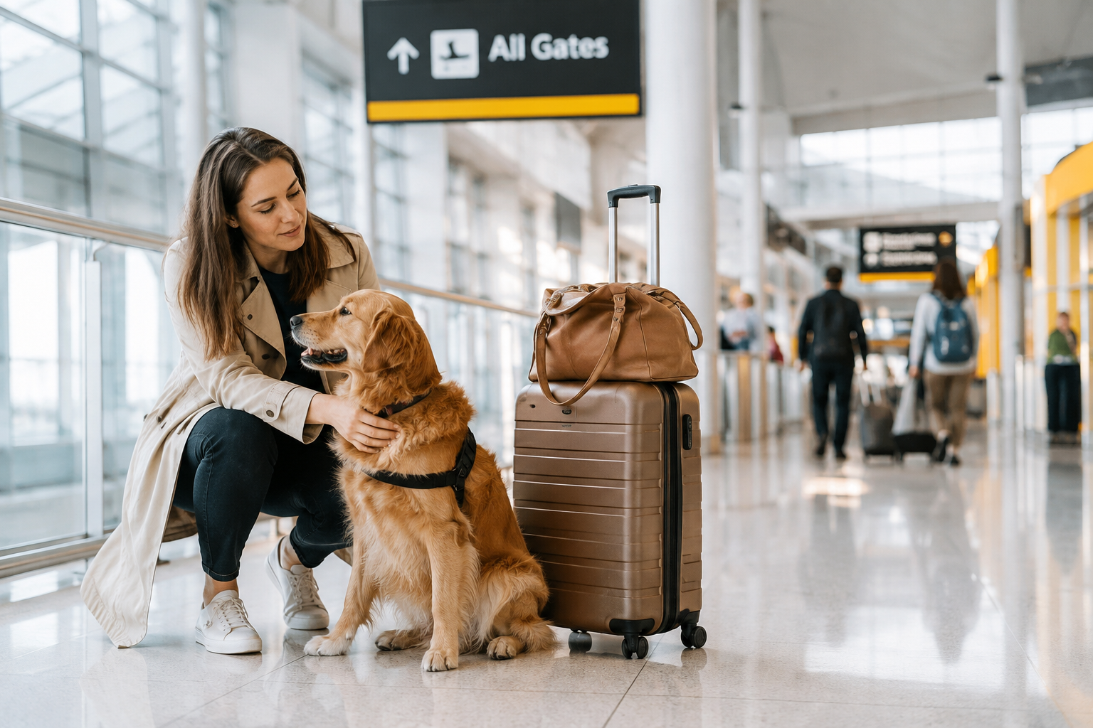 A woman at an airport with her golden retriever and luggage, smiling at her dog.
