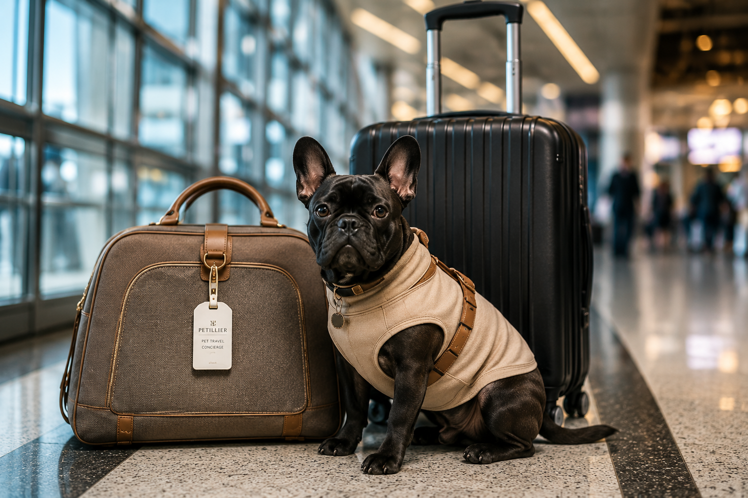 A French Bulldog sitting on the floor with luggage, including a brown pet travel bag and two suitcases, in an airport terminal.