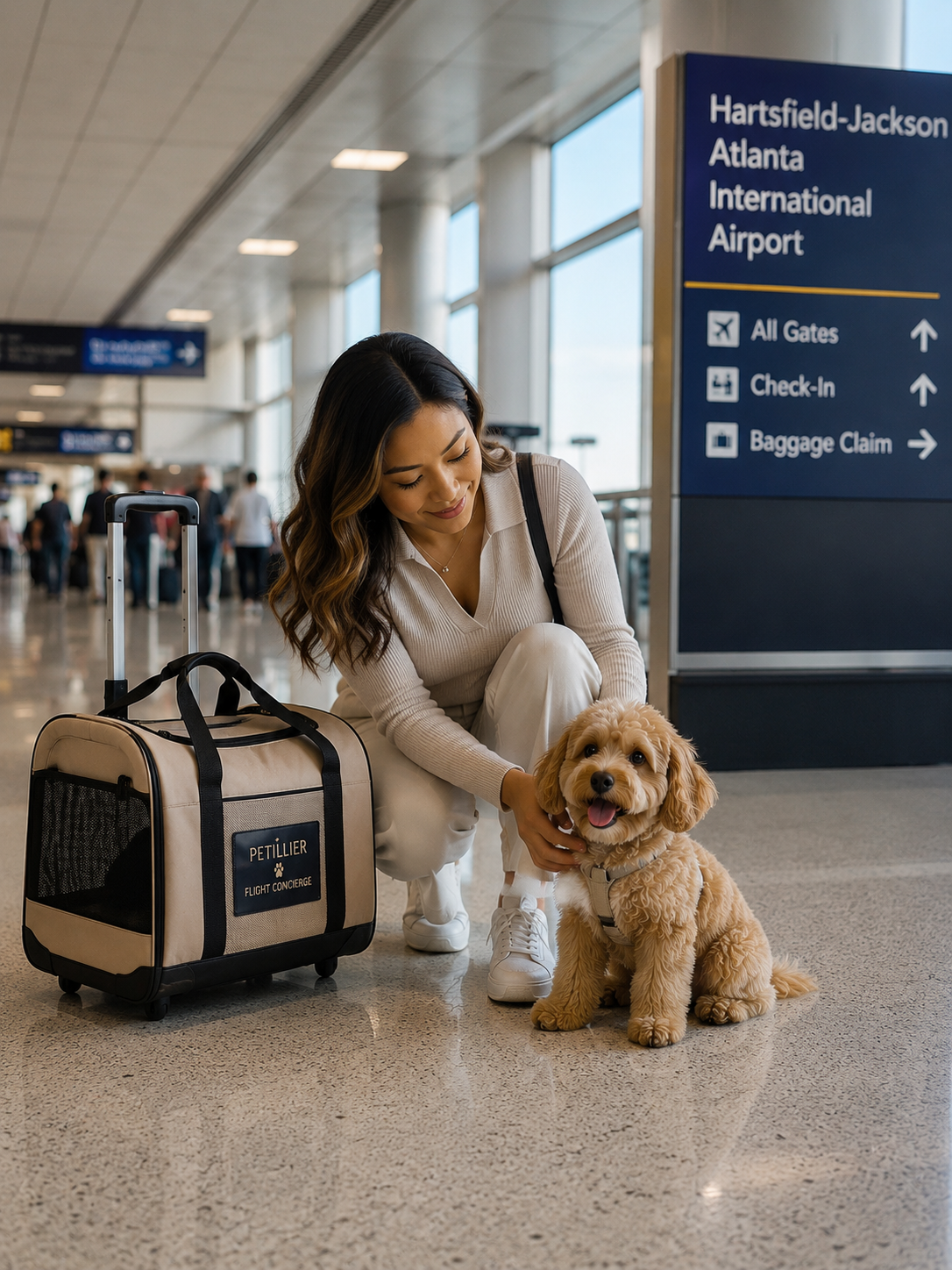 A woman kneeling on the floor of an airport, smiling and petting a small, tan, curly-haired dog. She is next to a rolling pet carrier labeled 'Petiller Flight Concierge' with a handle extended. In the background, there is a large blue sign indicating directions to all gates, check-in, and baggage claim at Hartsfield-Jackson Atlanta International Airport.