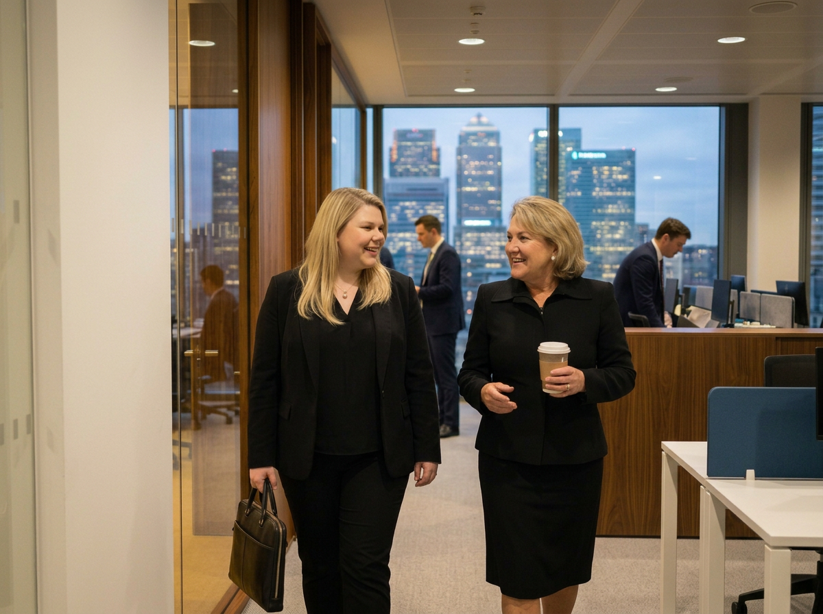 Frances and Julie Savage walking together in an office.