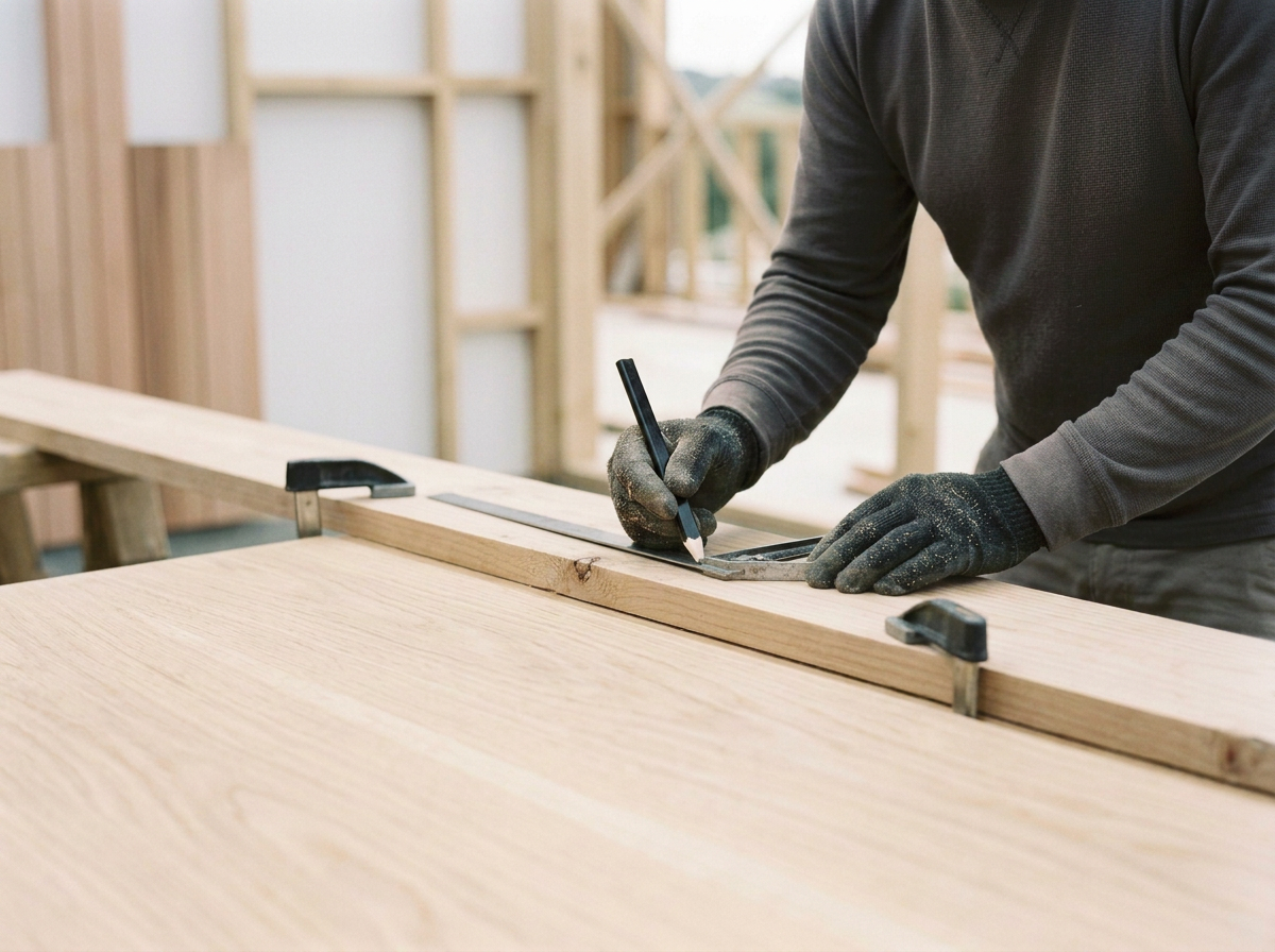 A person in a gray long-sleeve shirt and black gloves working on a woodworking project, using a pencil and measuring tools on a wooden surface in a workshop.