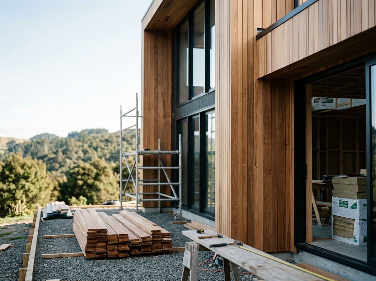 Exterior of a wooden house under construction with stacked lumber, scaffolding, and tools visible, overlooking a landscape of trees and hills.