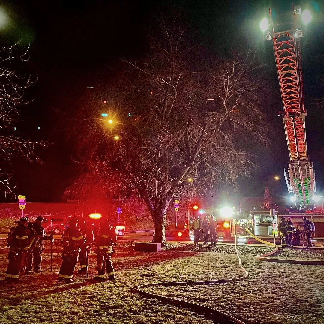 Firefighters at night scene with fire truck, ladder, and hoses, extinguishing a fire near a leafless tree.
