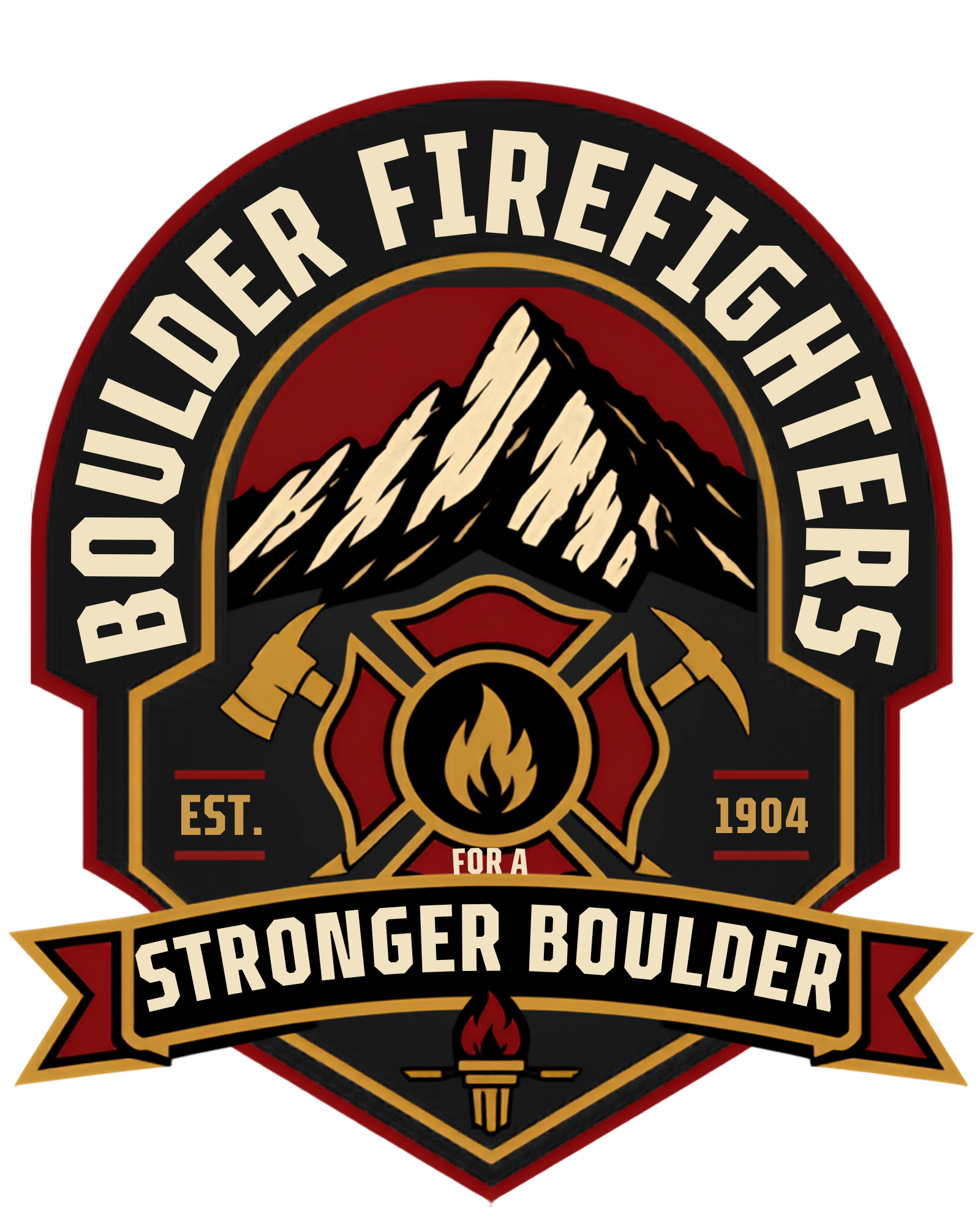 Logo for the Boulder Firefighter Stronger Boulders, featuring a mountain with a fire at its base, with the text "Boulder Firefighter" around the top and "Stronger Boulder" around the bottom, and the establishment year 1904.