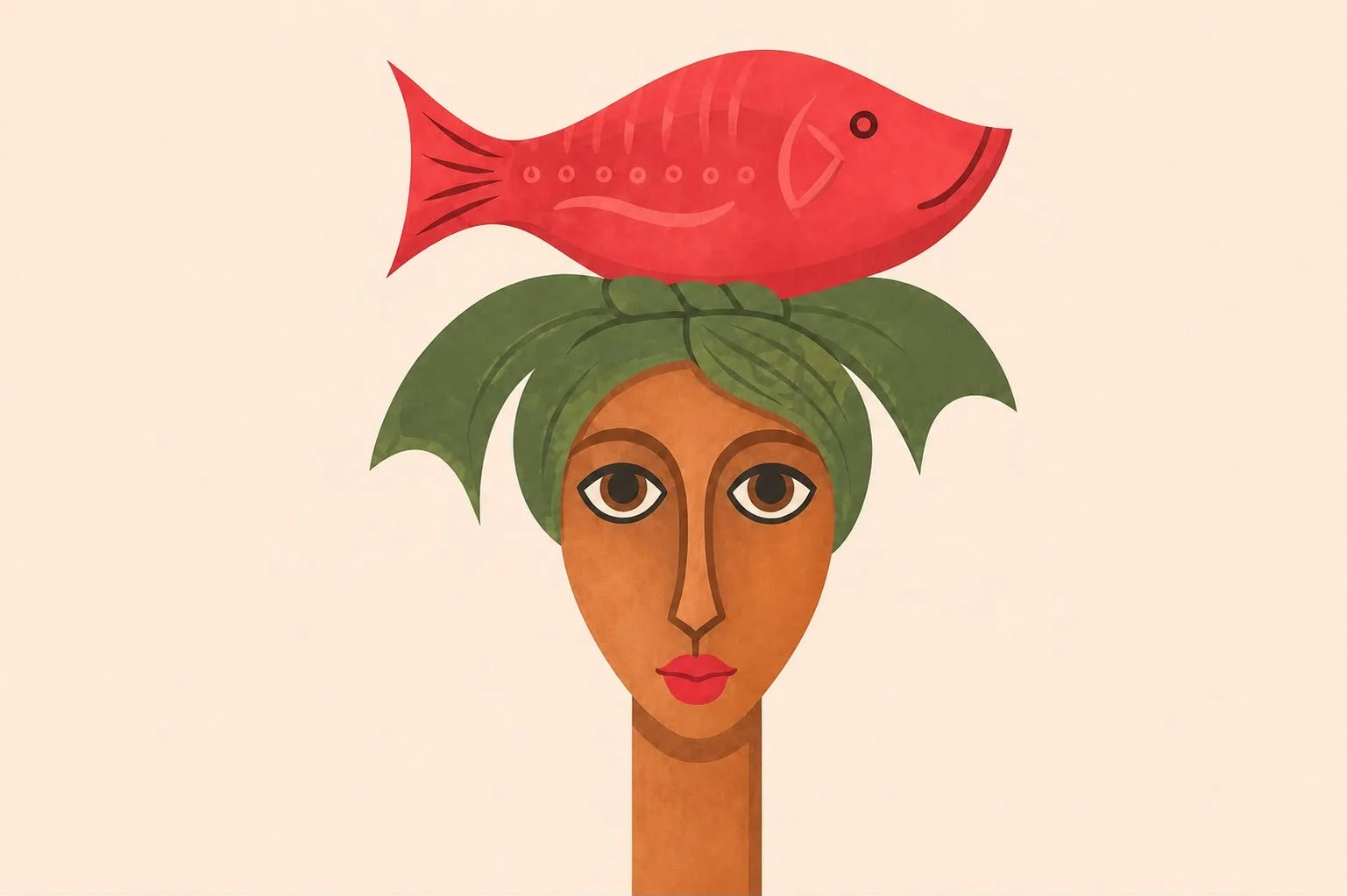Illustration of a woman with green hair and brown skin, with a red fish on her head.