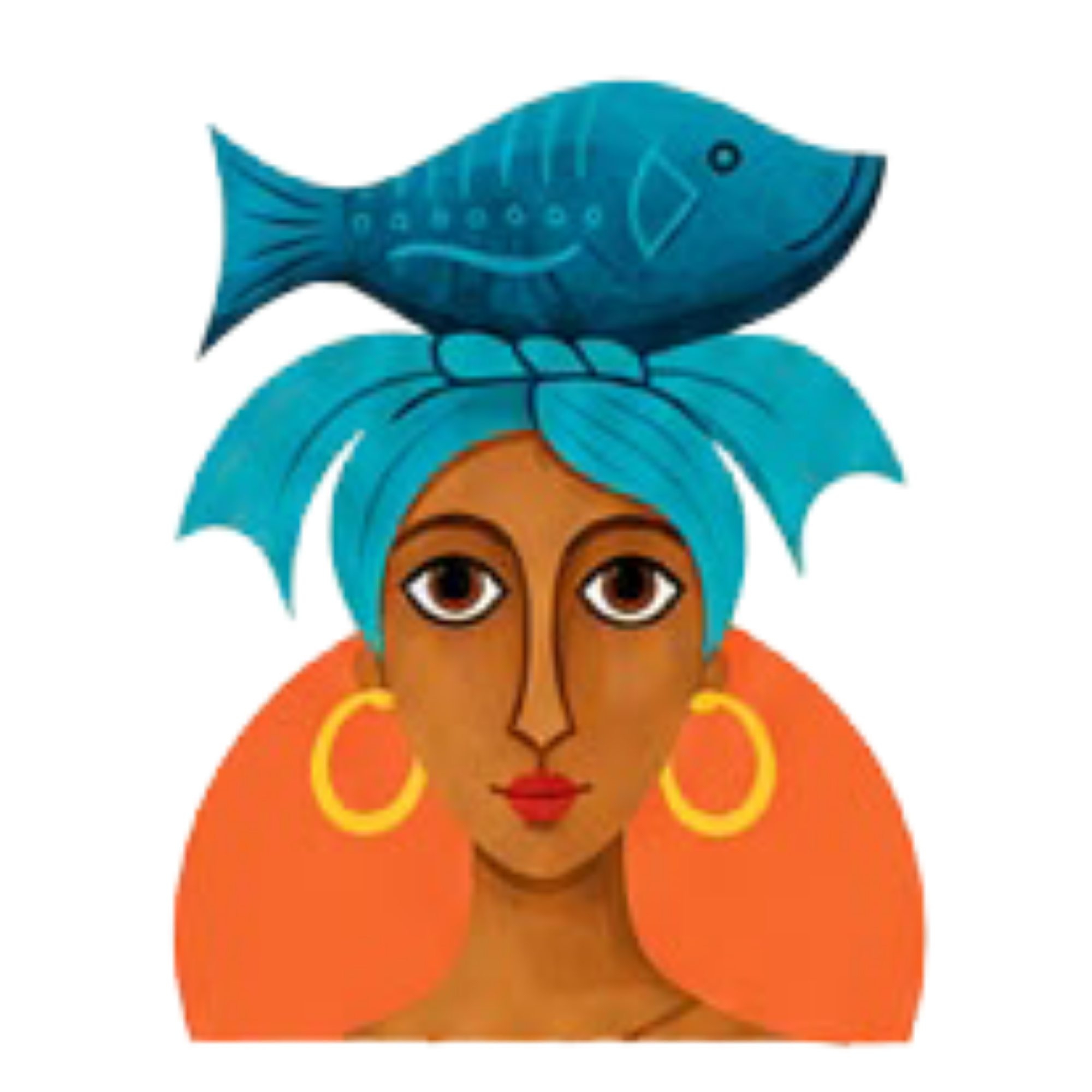 Illustration of a woman with a bird on her head, wearing large rings and earrings, with bright blue hair and a cheerful expression.