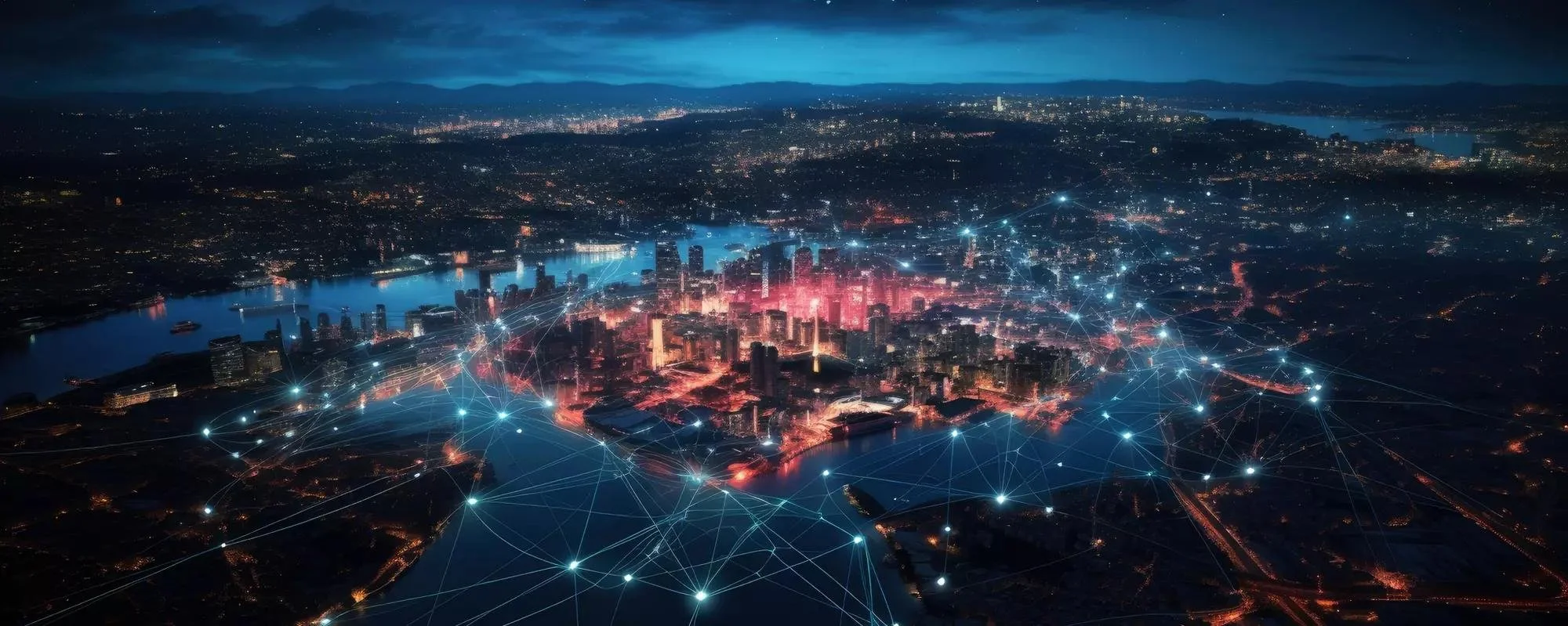 An aerial night view of a city with a body of water, illuminated buildings, and network connections visualized as glowing lines and points.