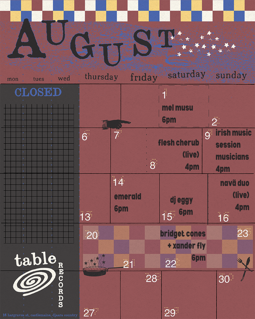 Weekly events schedule for August with music performances, DJ, and a magic show at a record store, featuring colorful checkered borders, stars, and artistic icons.
