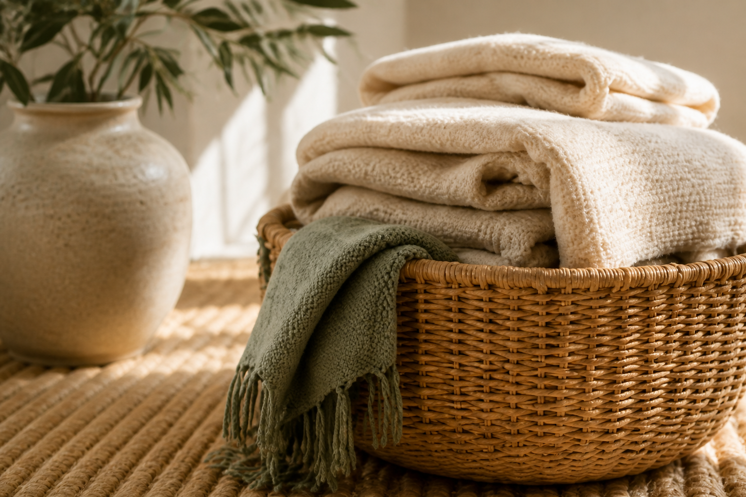 A wicker basket filled with neatly folded beige towels, with a green towel draped over the side, placed on a woven surface with a beige vase and green plant in the background.