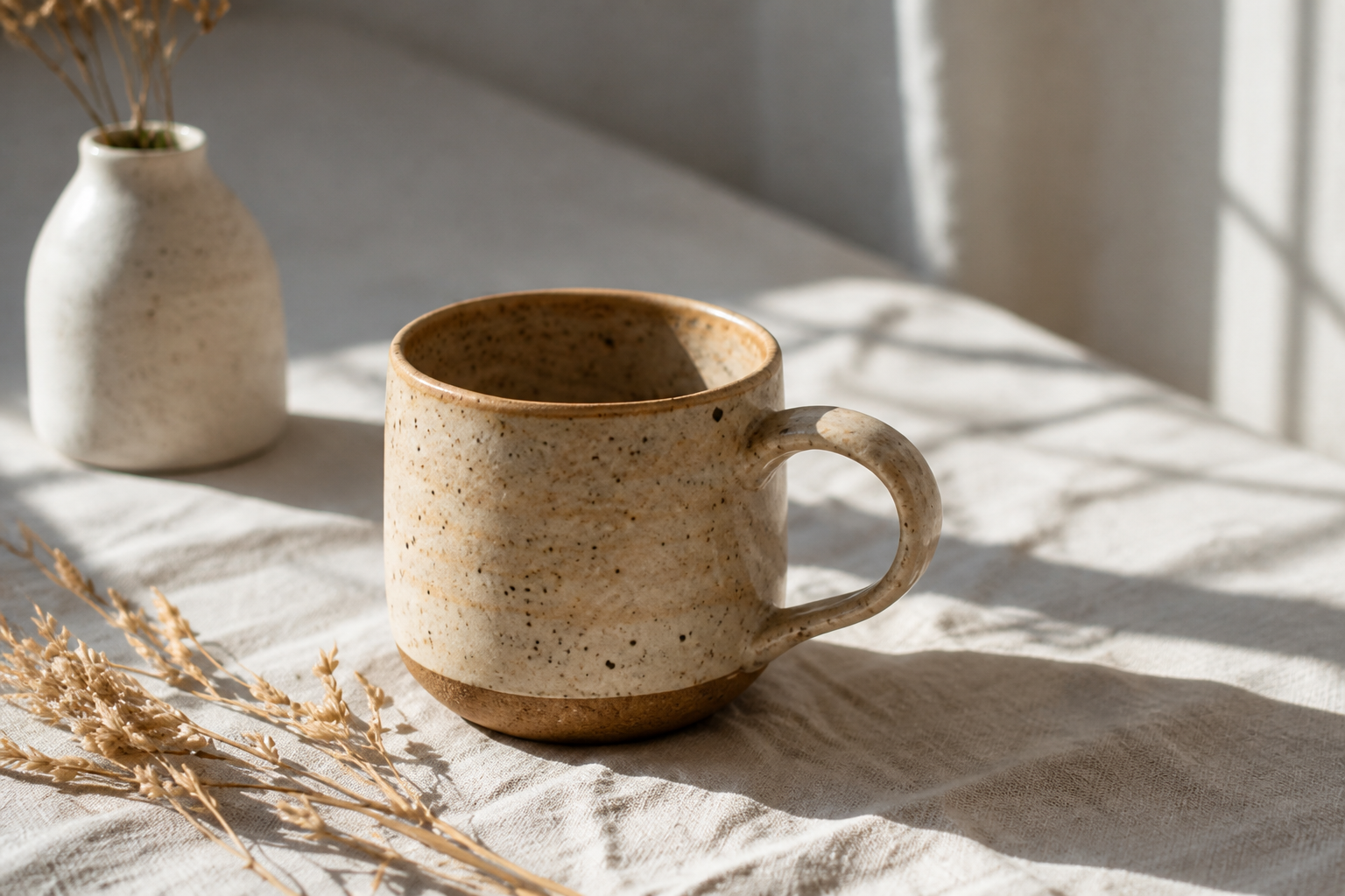A speckled beige ceramic mug and a small vase with dried flowers on a white cloth, illuminated by natural sunlight.