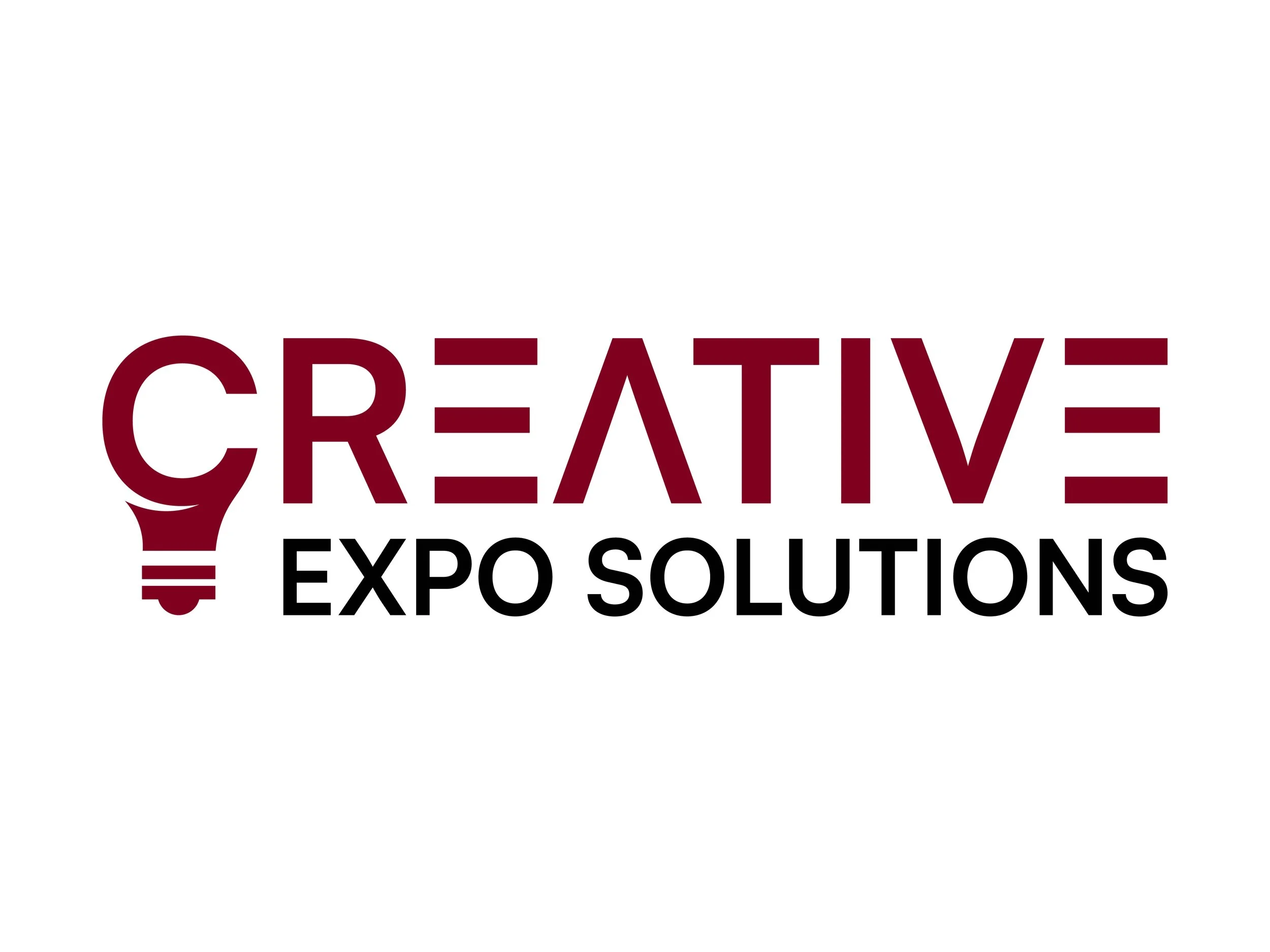 Logo for Creative Expo Solutions featuring a maroon light bulb with a stylized filament and the text "CREATIVE" in large maroon letters and "EXPO SOLUTIONS" in smaller black letters below.