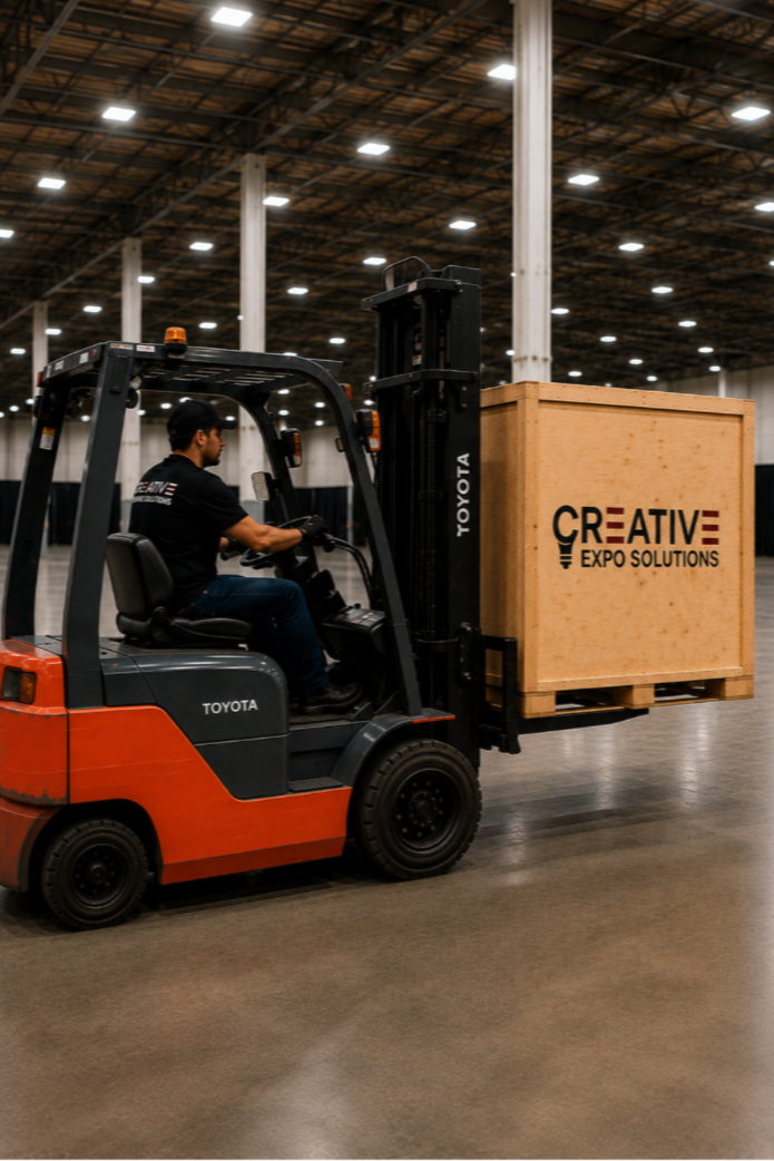 A person operating a forklift in a large warehouse or convention center, moving a wooden crate with the logo 'Creative Expo Solutions' on it.