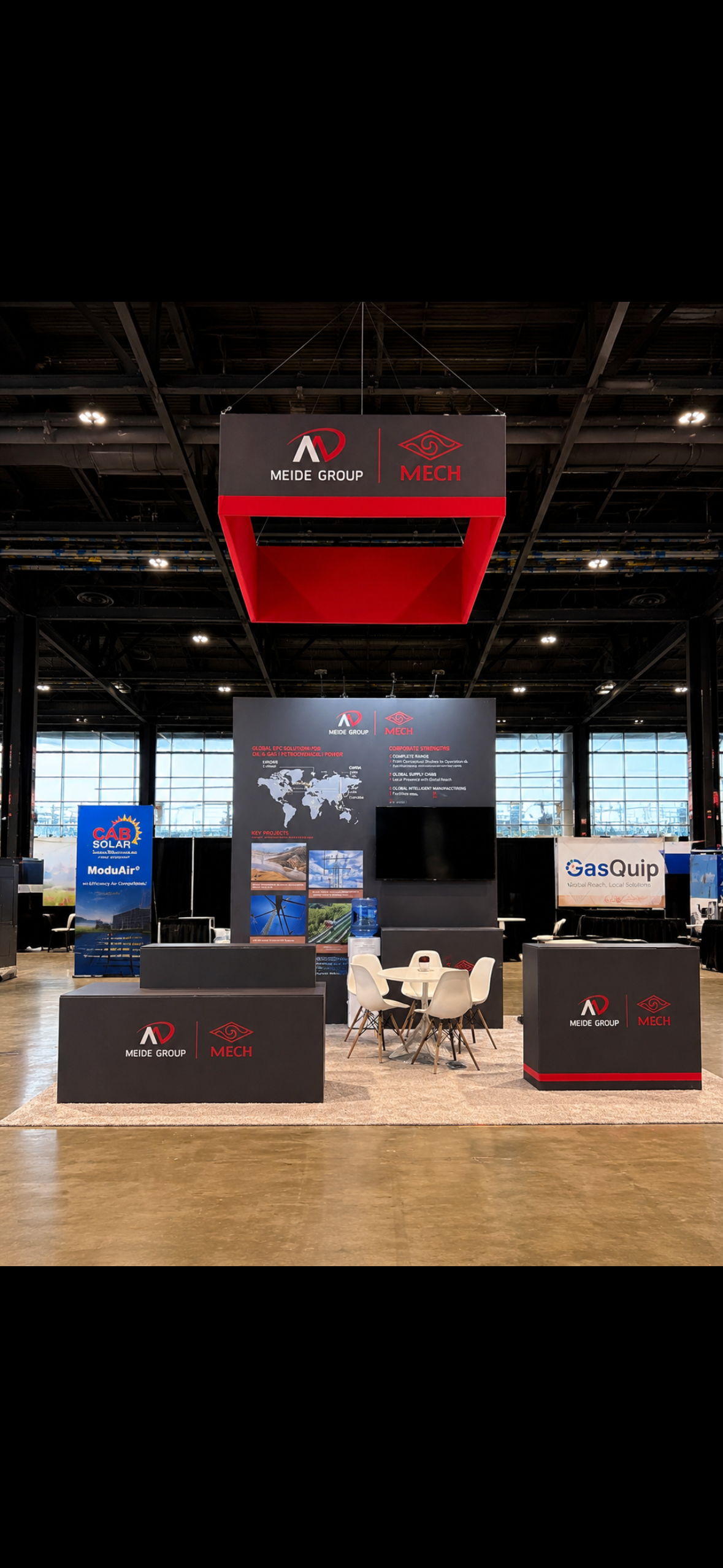Trade show booth for Meide Group and MECH with banners, a world map display, and seating area inside an exhibition hall.