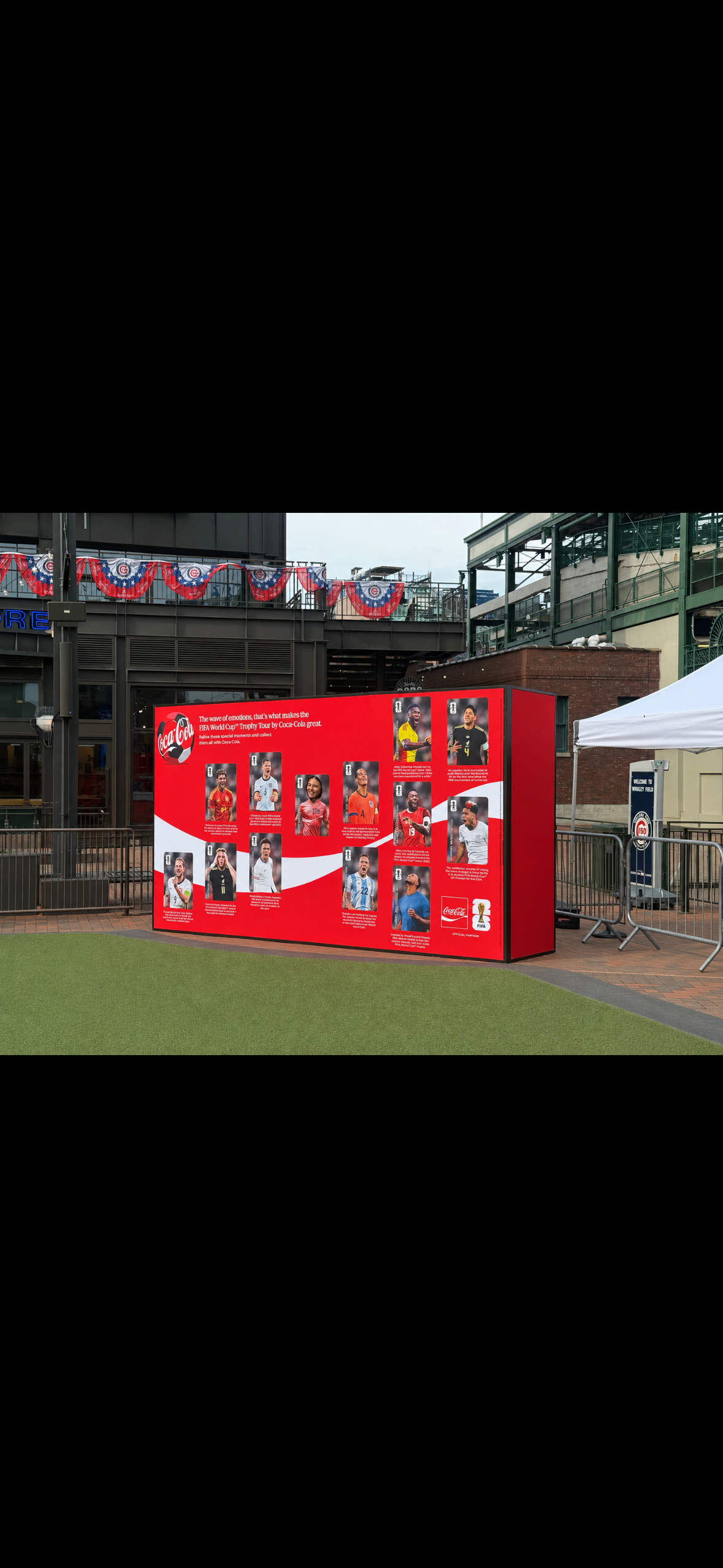Coca-Cola brand activation at Gallagher Square near Wrigley Field in Chicago. Creative Expo Solutions provided professional install and dismantle labor. Installing bematrix structure and SEG fabric.