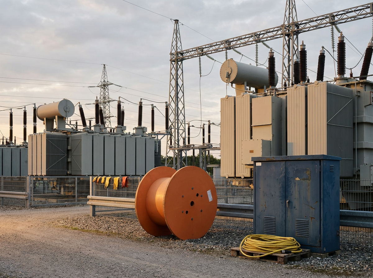 Electrical transformers and equipment at a power substation with utility cables and power lines in the background.