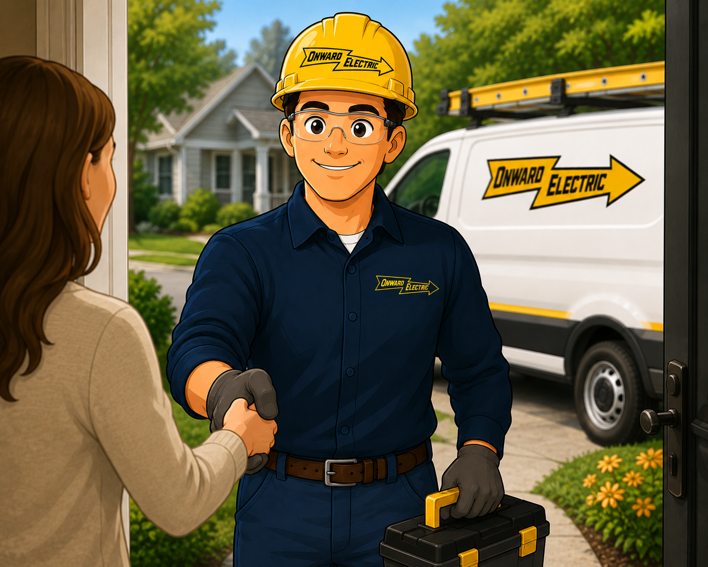 A man wearing a yellow hard hat and navy blue uniform shaking hands with a woman at her doorway. The hard hat and uniform display the logo 'Onward Electric'. A white electric van with the same logo is parked outside in a suburban neighborhood with green trees and a house in the background.