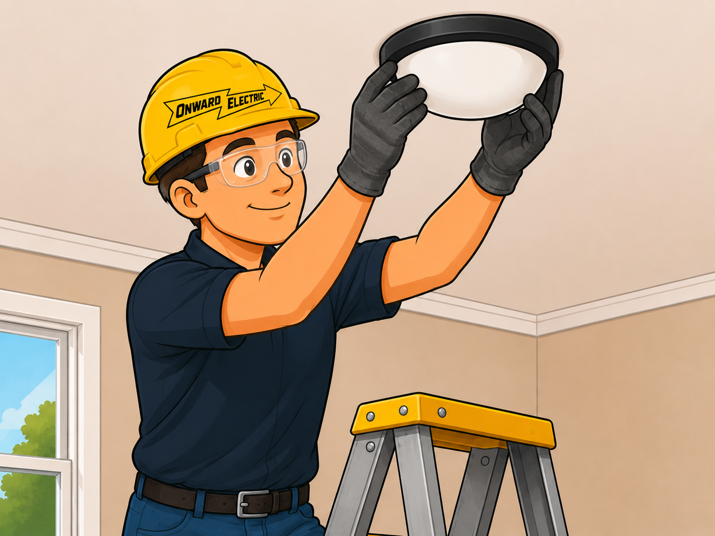 A man wearing safety glasses, a yellow hard hat, black gloves, and a navy blue polo shirt standing on a ladder, holding a smoke detector against the ceiling.