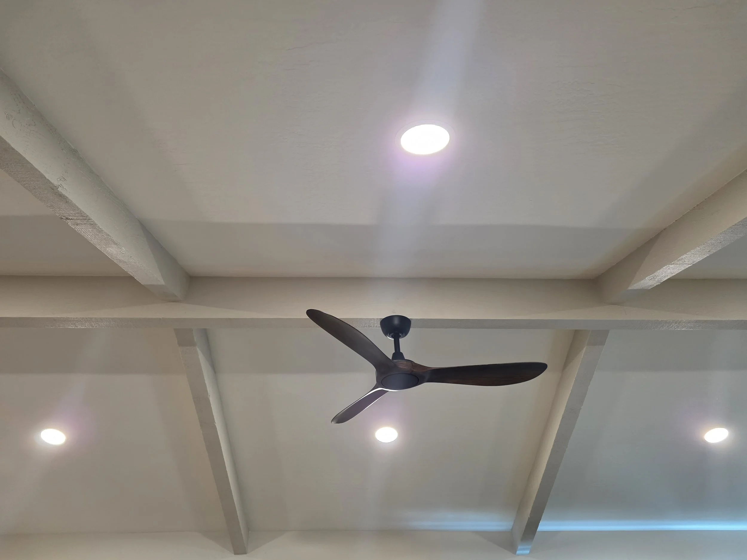 Living room after - new flush LED lights and fan