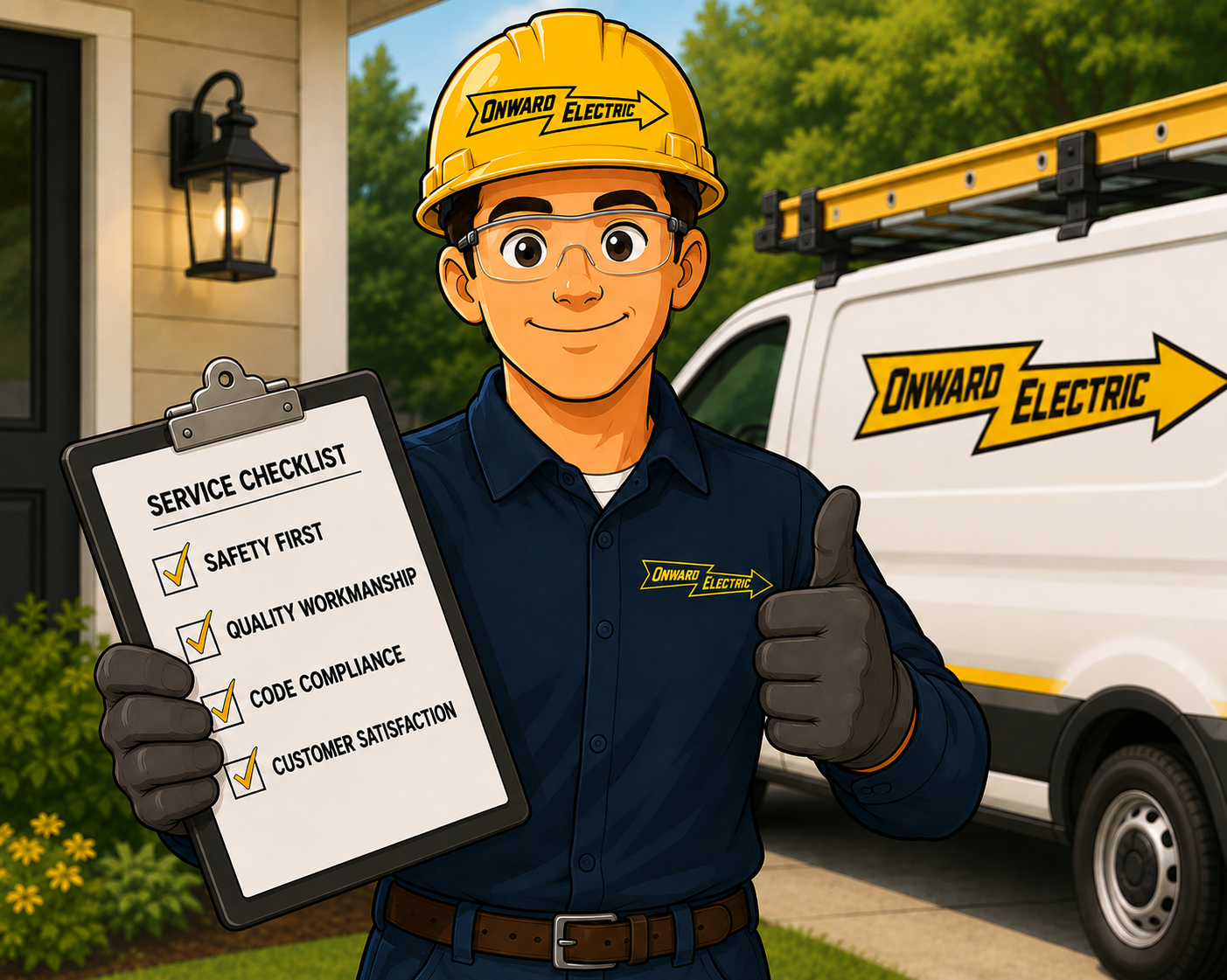 A smiling utility worker wearing safety glasses, a yellow hard hat labeled 'Onward Electric,' and black gloves, giving a thumbs-up. He holds a clipboard with a service checklist that includes 'Safety First,' 'Quality Workmanship,' 'Code Compliance,' and 'Customer Satisfaction,' all checked off. In the background, there is a white service van with the 'Onward Electric' logo, a ladder on top, and a residential house with greenery.