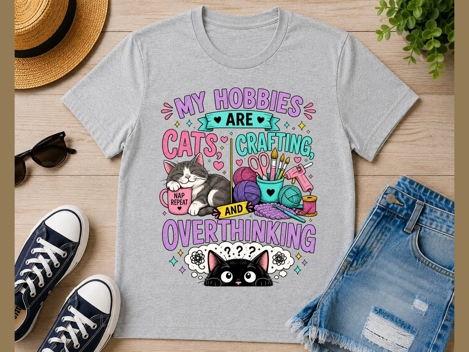 My Hobbies Are Cats, Crafting & Overthinking Tee
