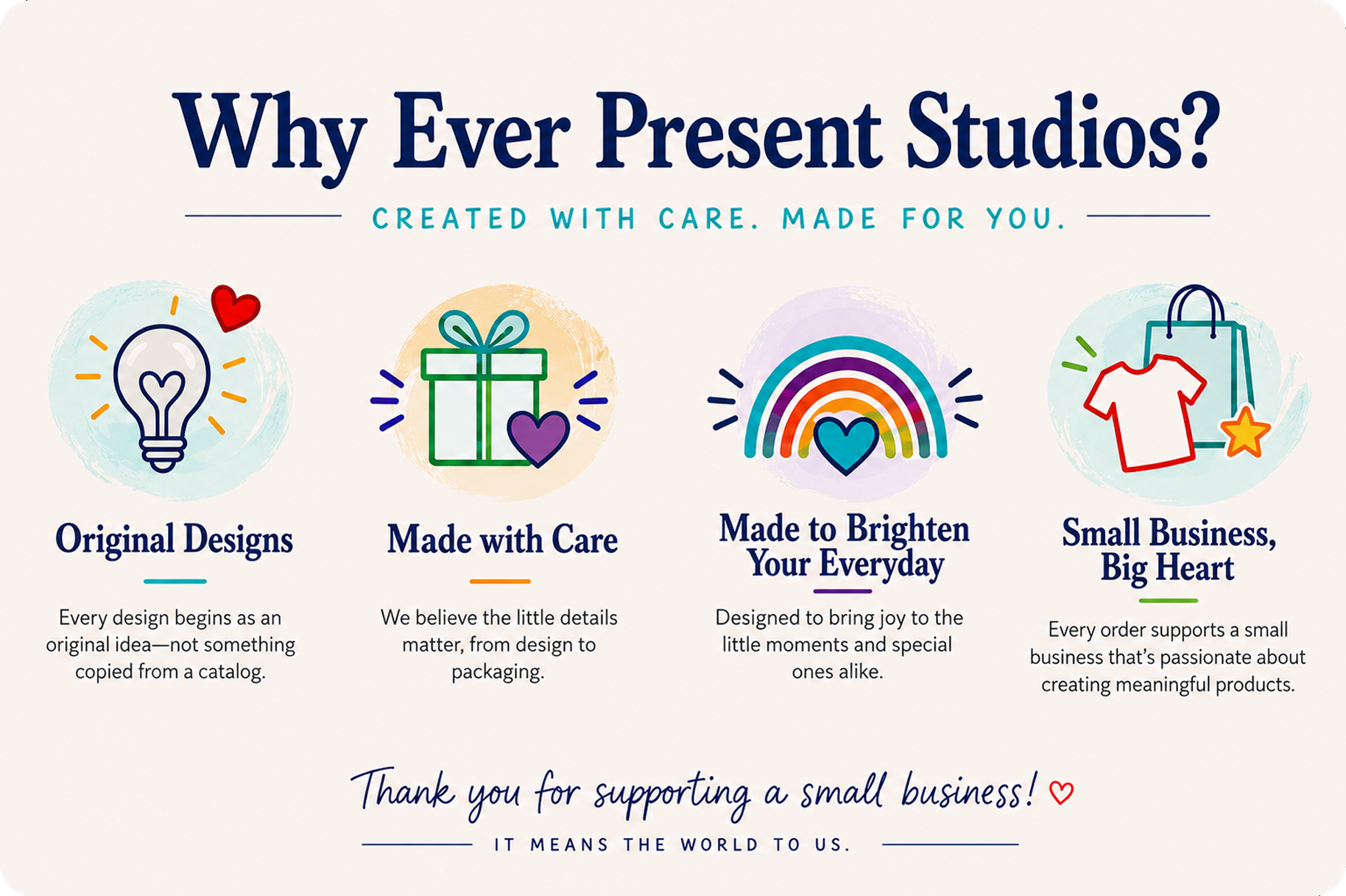 A colorful infographic titled "Why Ever Present Studios?" with four icons and descriptions. Icons include a lightbulb with a heart, a gift box with a heart, a rainbow with a heart, and a shopping bag with a T-shirt and star. Each icon corresponds to a reason why to choose Ever Present Studios, such as original designs, made with care, made to brighten your everyday, and small business support.