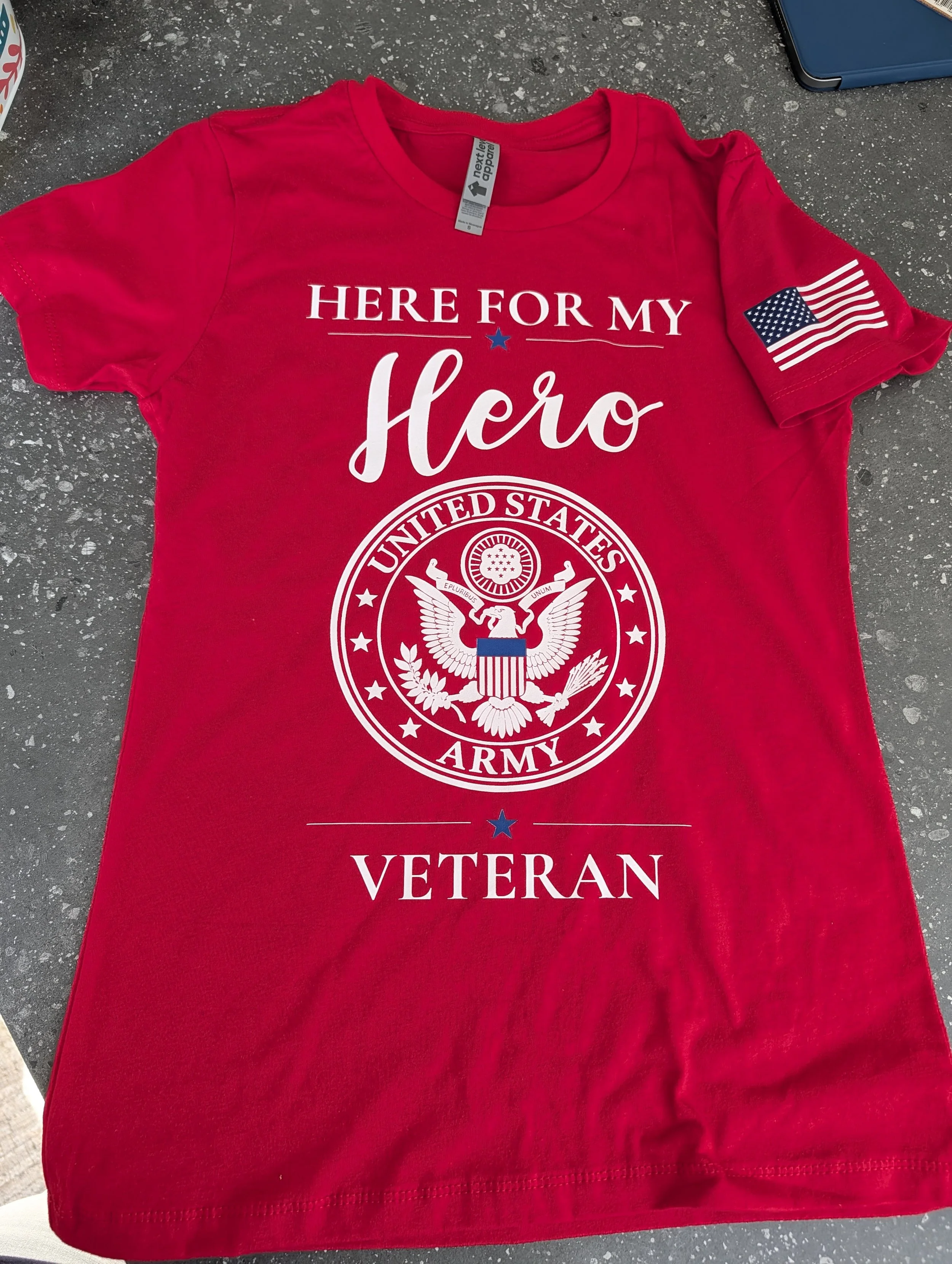 This shirt was made for the spouse of a veteran. They wanted to wear something to greet them upon their Honor Flight return. 