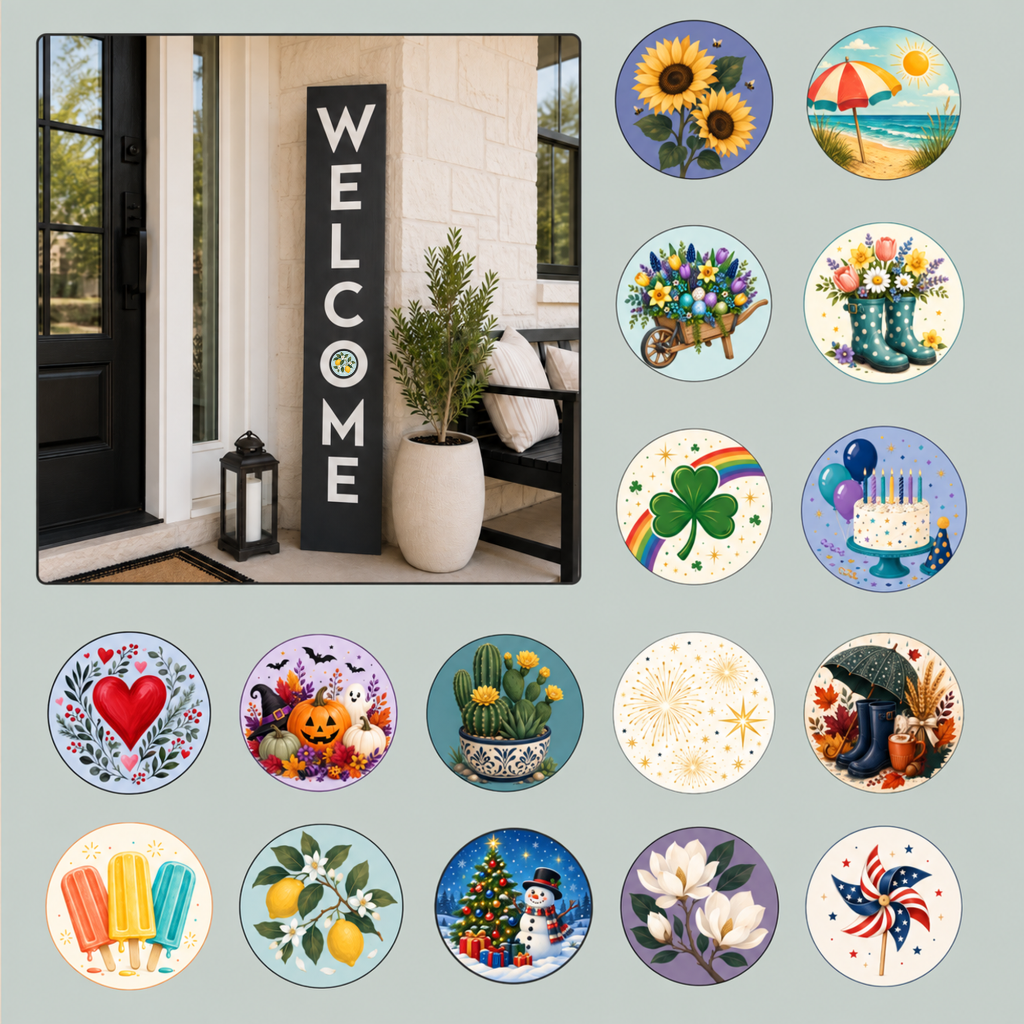 A welcome sign with an interchangeable insert within the O. 