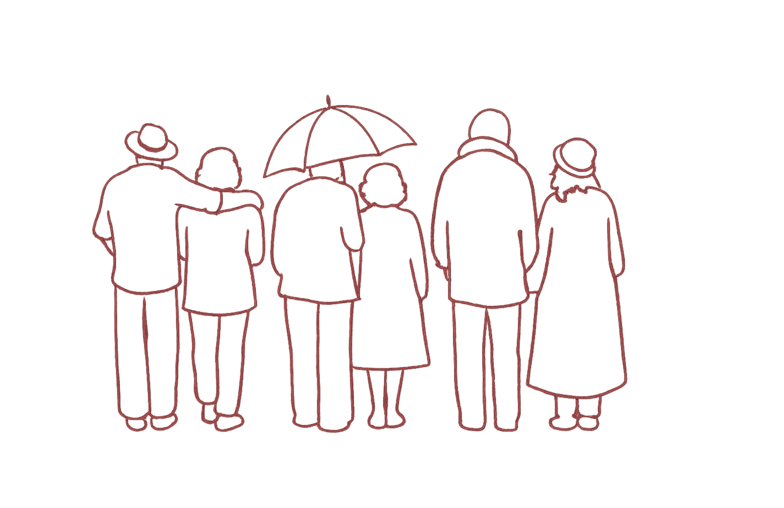 Outline drawing of a group of people holding an umbrella.