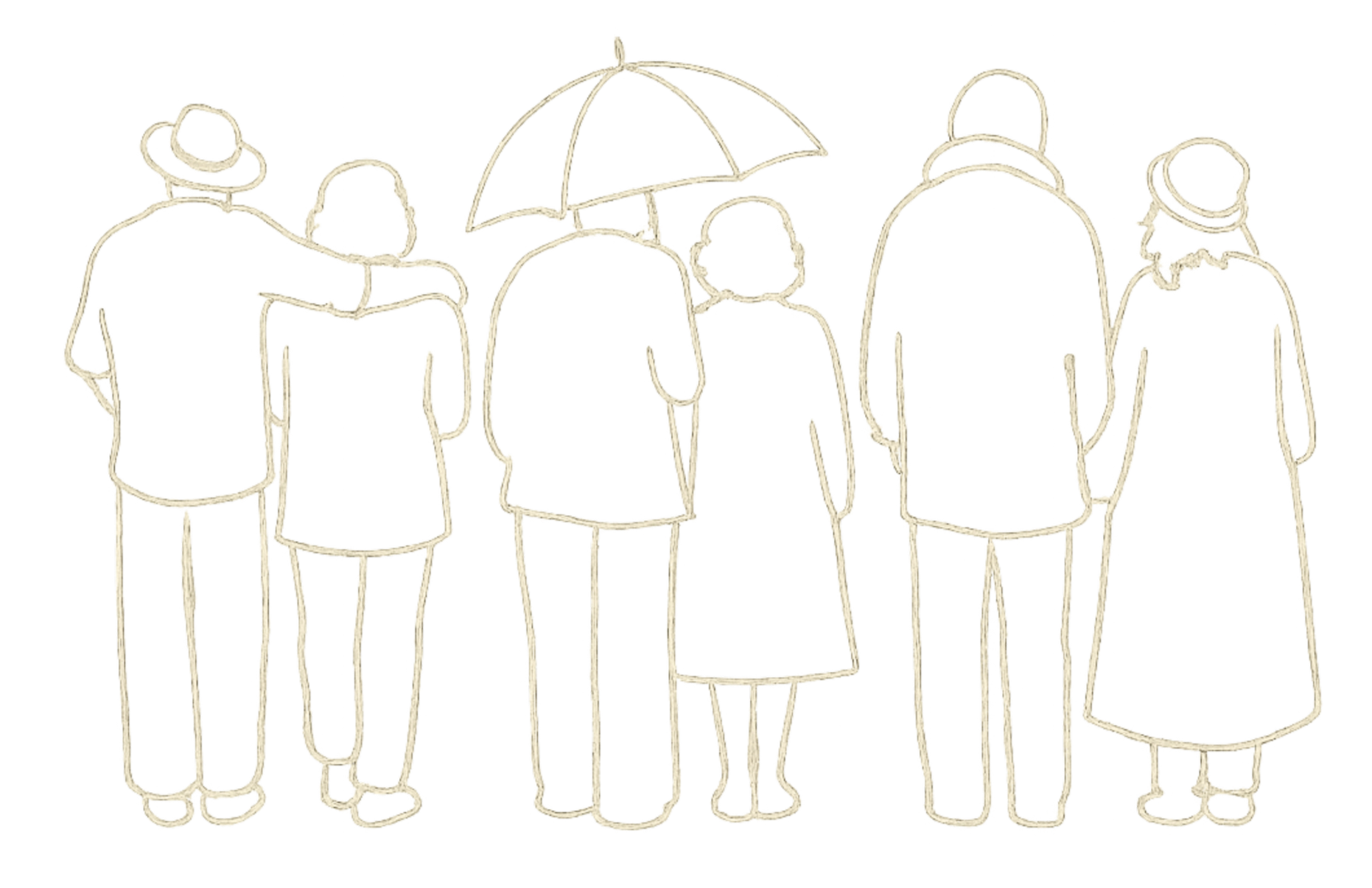 Outline drawing of six people walking together, one person holding an umbrella, with some of them wearing hats and coats.