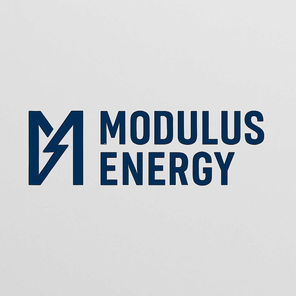 Modulus Energy logo with a blue lightning bolt symbol and text on a light grey background.