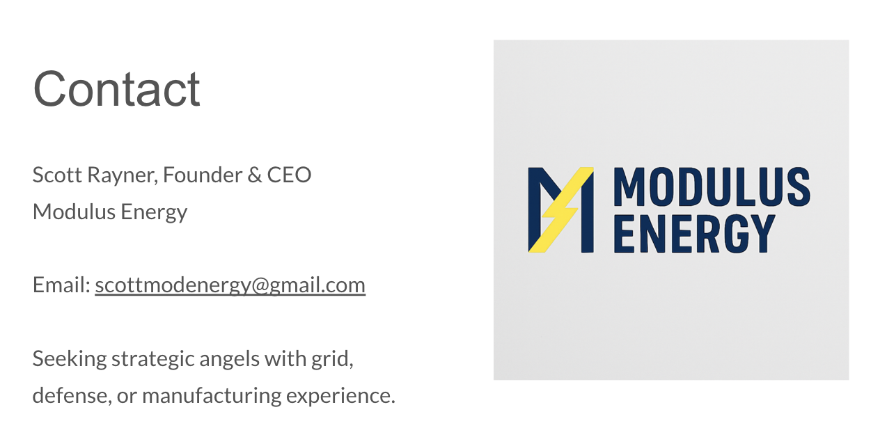 Contact information for Scott Rayner, CEO of Modulus Energy, with email scottmodenergy@gmail.com, and a logo featuring a blue and yellow lightning bolt with the text 'Modulus Energy'.
