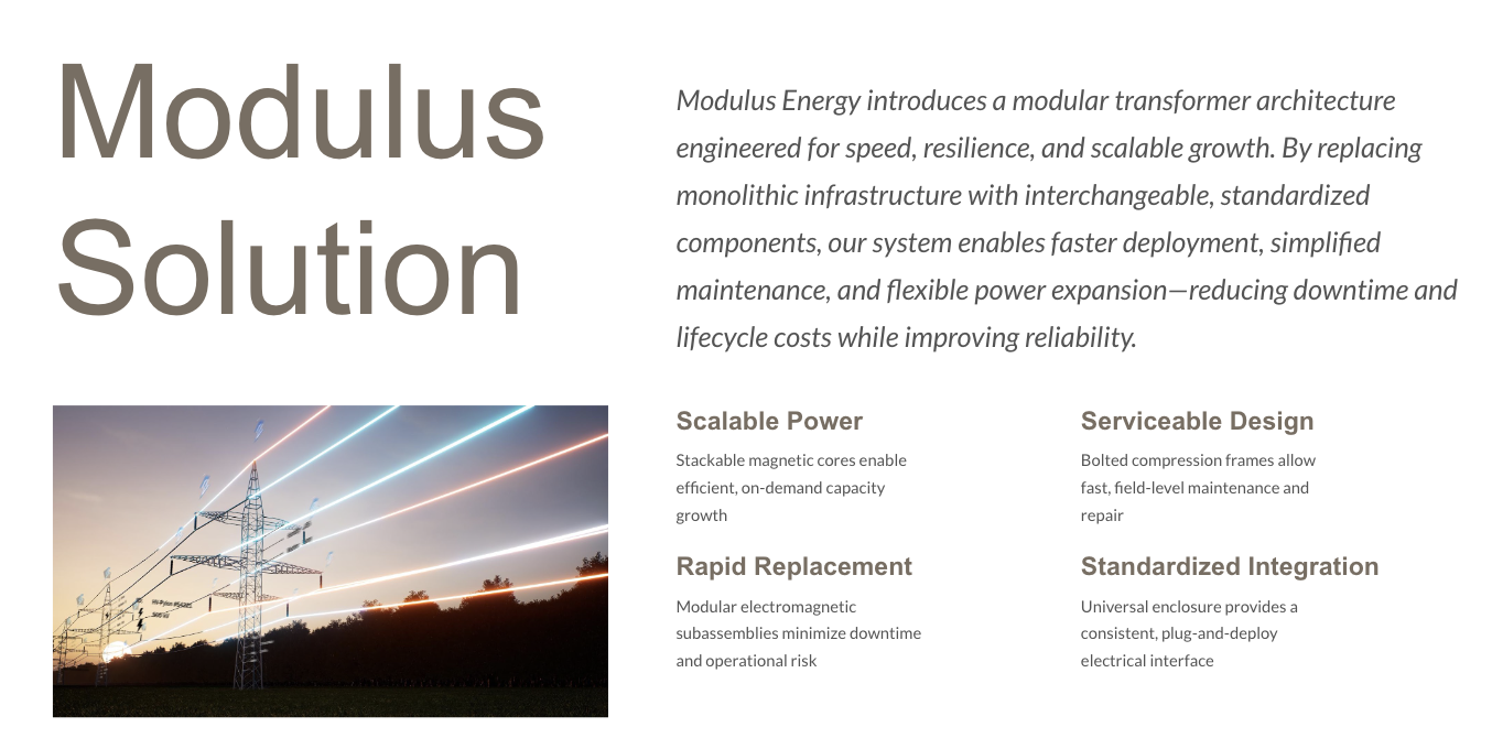 An informational graphic about Modulus Solution, showing a power line tower at sunset with animation lines and a list of features including scalable power, rapid replacement, serviceable design, and standardized integration.