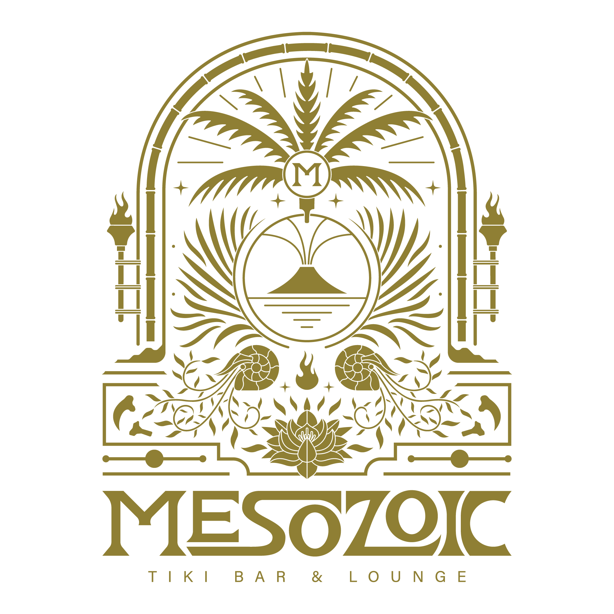 Logo for Mesobic Tiki Bar & Lounge featuring a stylized tiki mask with a crown, adorned with floral and tribal elements in gold on a black background.