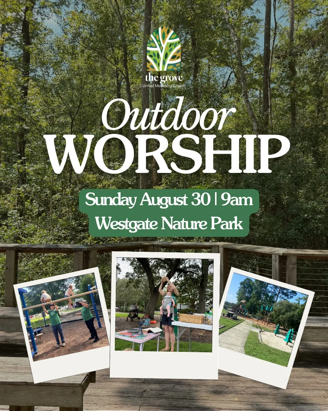 Come worship without the pressure of church clothes, indoor voices, or quiet feet! Join the Grove UMC this Sunday for an all-ages pop-up worship service at Westgate Nature Park. 

We&rsquo;ll meet at the entrance of Westgate Nature Park (1260 W Gate 
