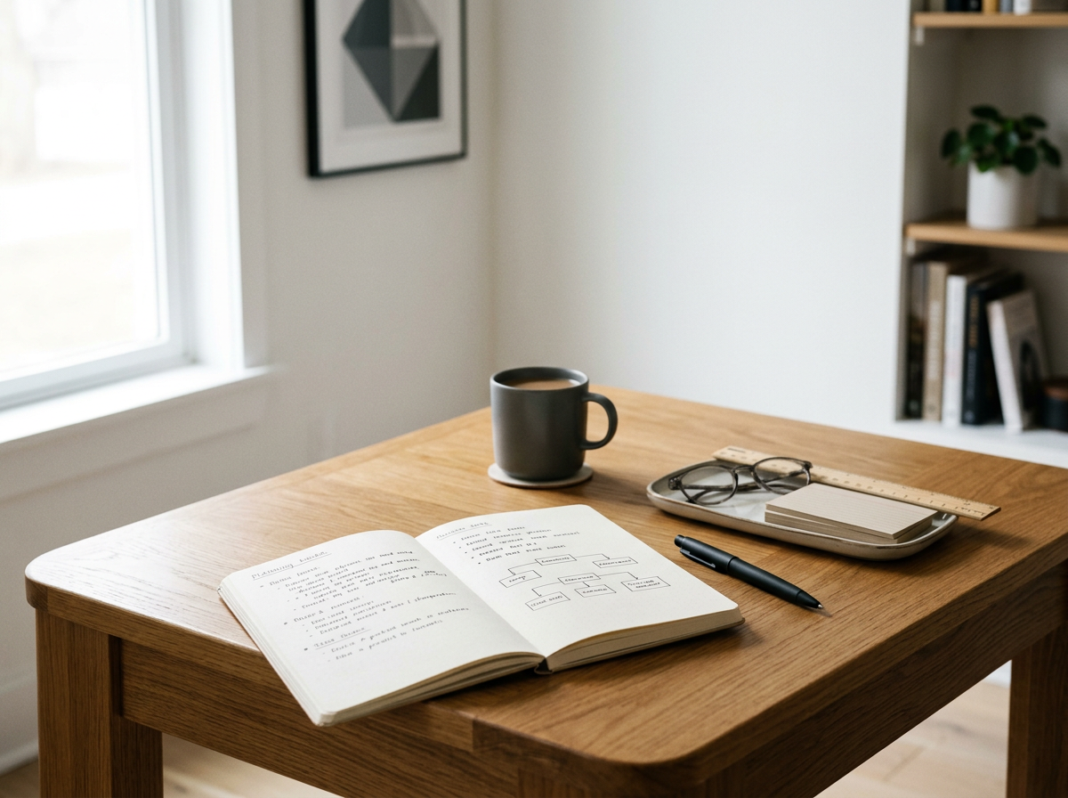 A wooden desk with an open notebook, a black mug, glasses, a notepad on a tray, a ruler, and a pen, with a bookshelf and a framed picture on the wall in the background.