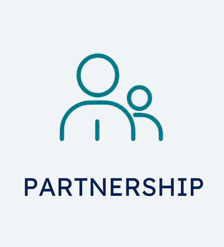 Simple illustration of two people, larger in front and smaller behind, with the word "Partnership" below.