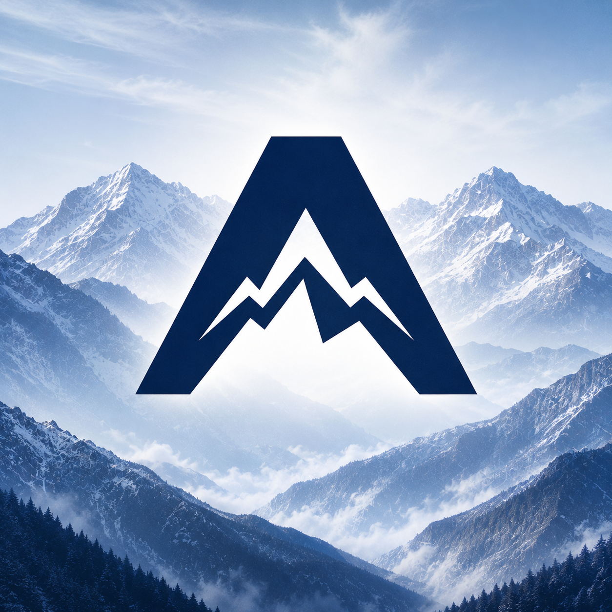 A logo featuring a stylized letter A with mountain peaks inside, set against a backdrop of snow-capped mountains and a partly cloudy sky.